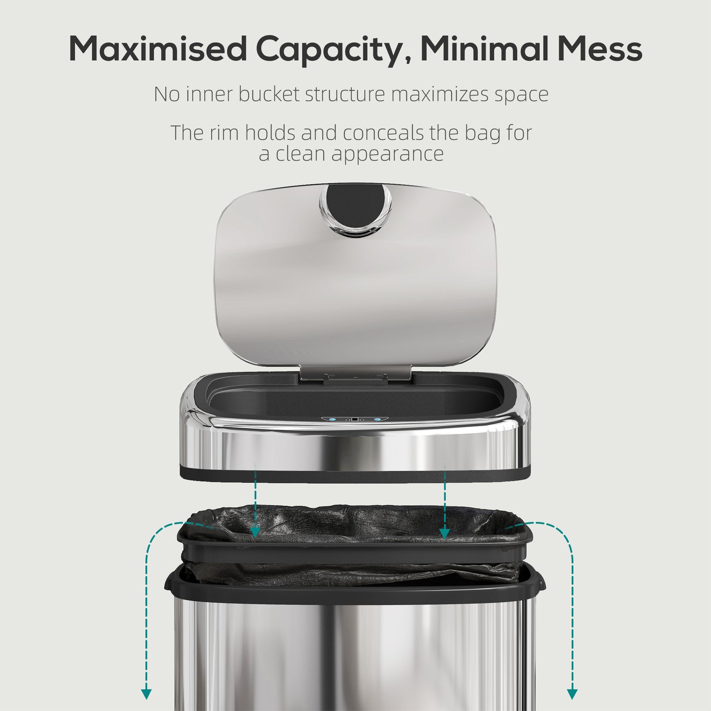 HOMCOM 50L Stainless Steel Sensor Bin Hands Free Lid Silver Tone Smart Kitchen Bin