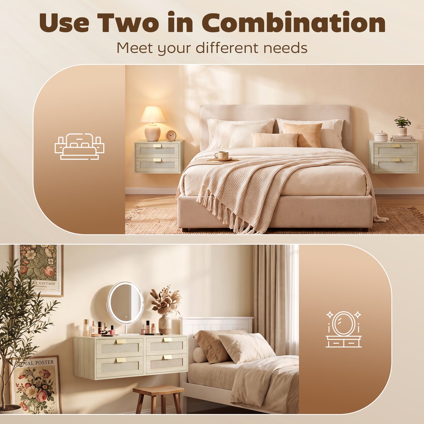 Modern Wall Mounted Floating Nightstand With 2 Drawers In Oak Set