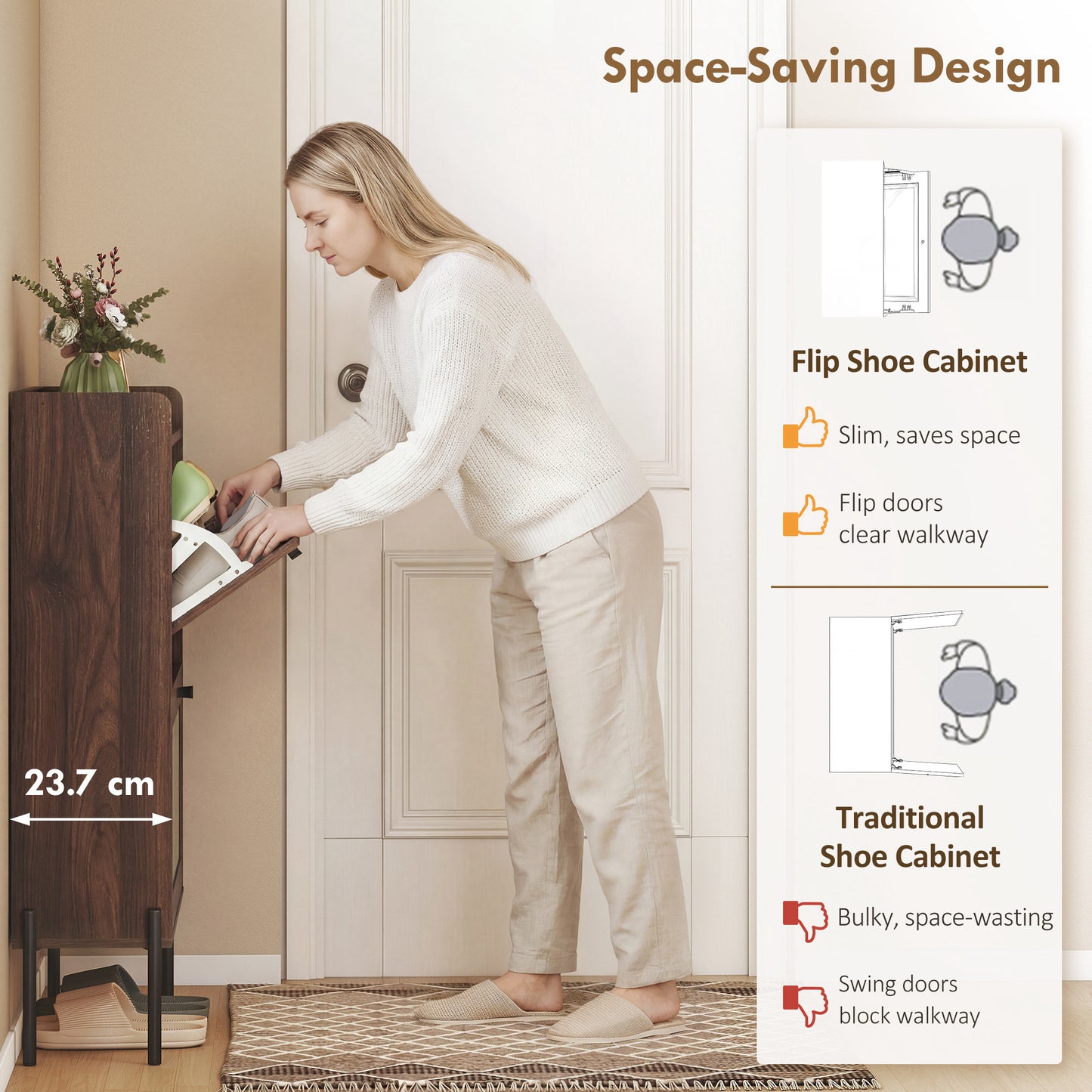 HOMCOM Narrow Shoe Cabinet With 2 Flip Drawers Boho Style Dark Brown Hallway Storage Adjustable Shelves