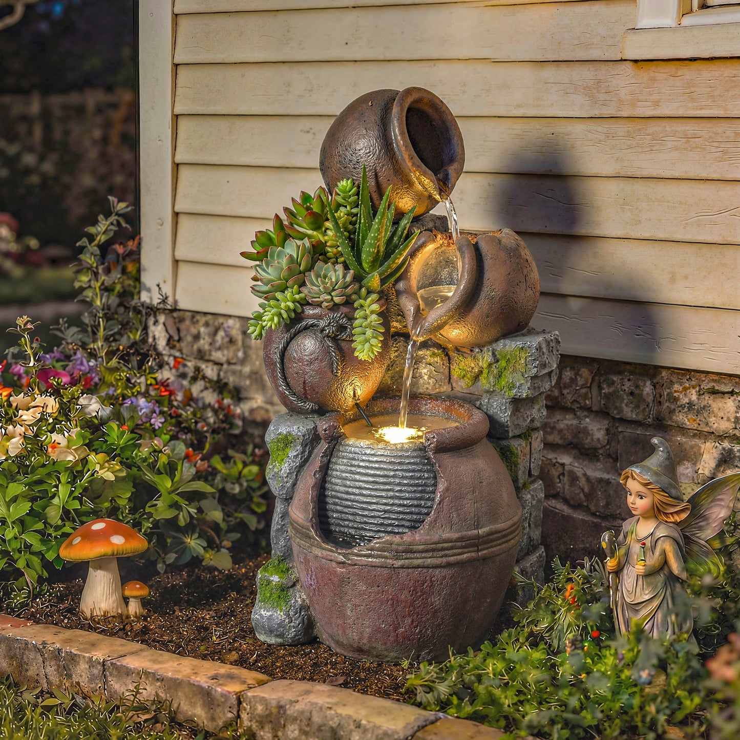 Outsunny 4-Tier Outdoor Fountain With Planter And LED Lights In Rustic Brown Garden Decor