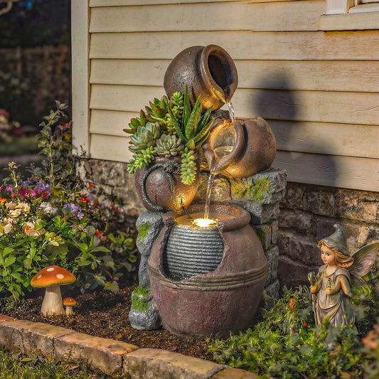 Outsunny 4-Tier Outdoor Fountain With Planter And LED Lights In Rustic Brown Garden Decor