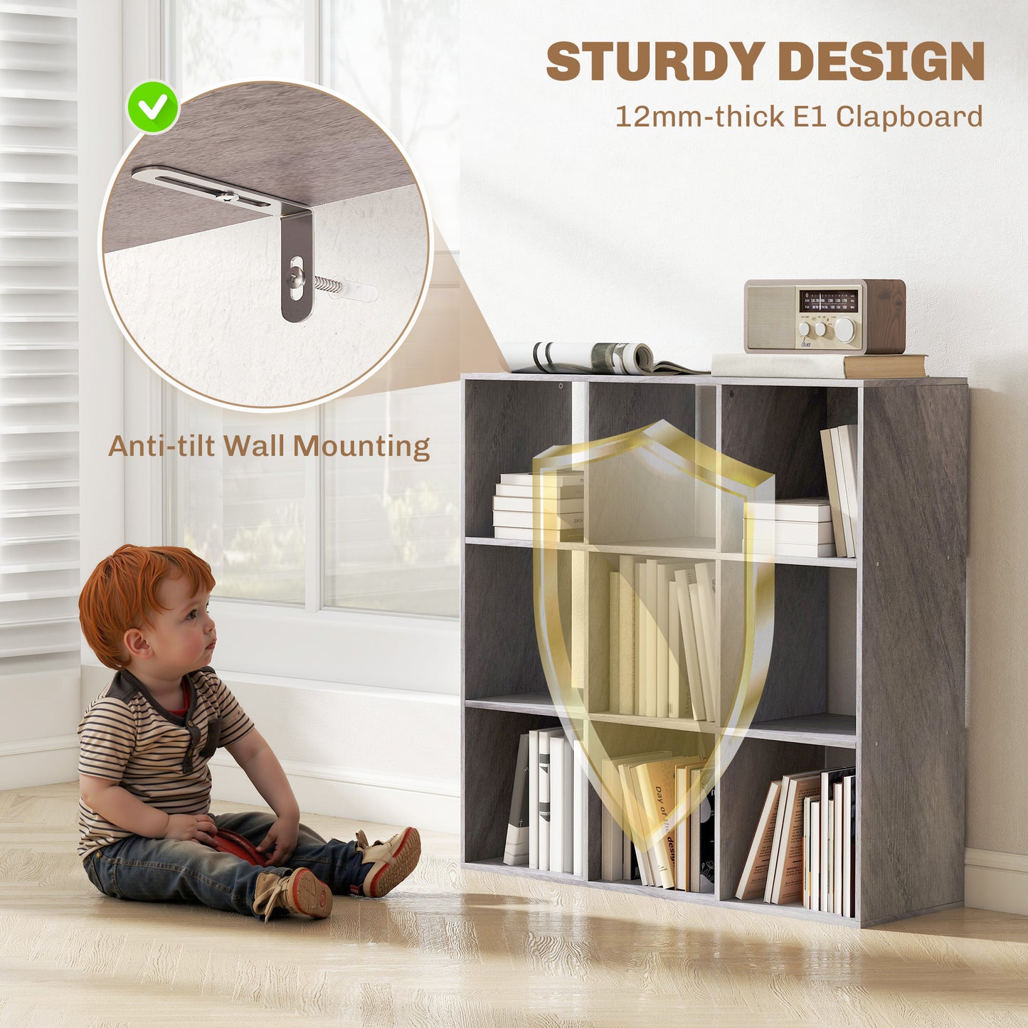 HOMCOM Marble Grey Nine Cube Storage Shelf Particle Board Durable Home Office Organizer