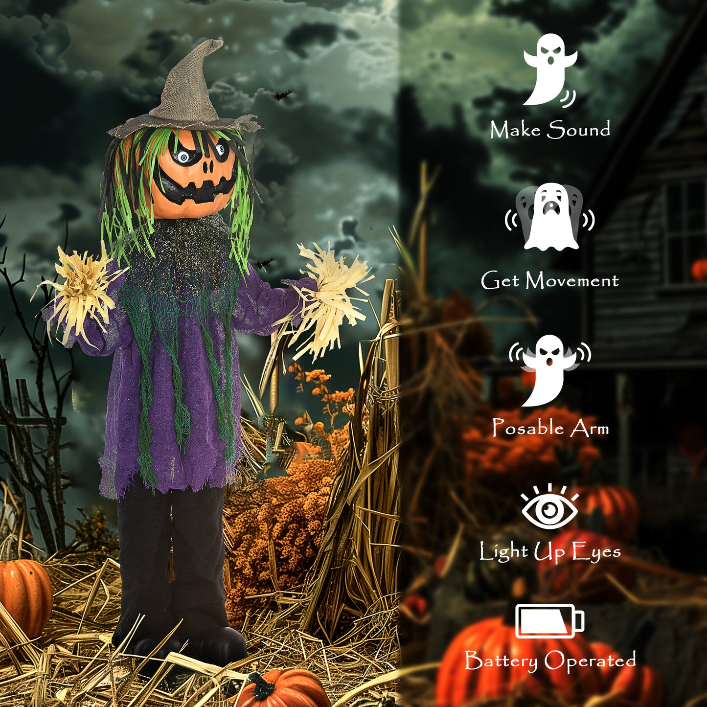 HOMCOM Sinister Animated Pumpkin Man Decoration with Sound and Light Effects for Halloween Haunts - ALL4U RETAILER LTD