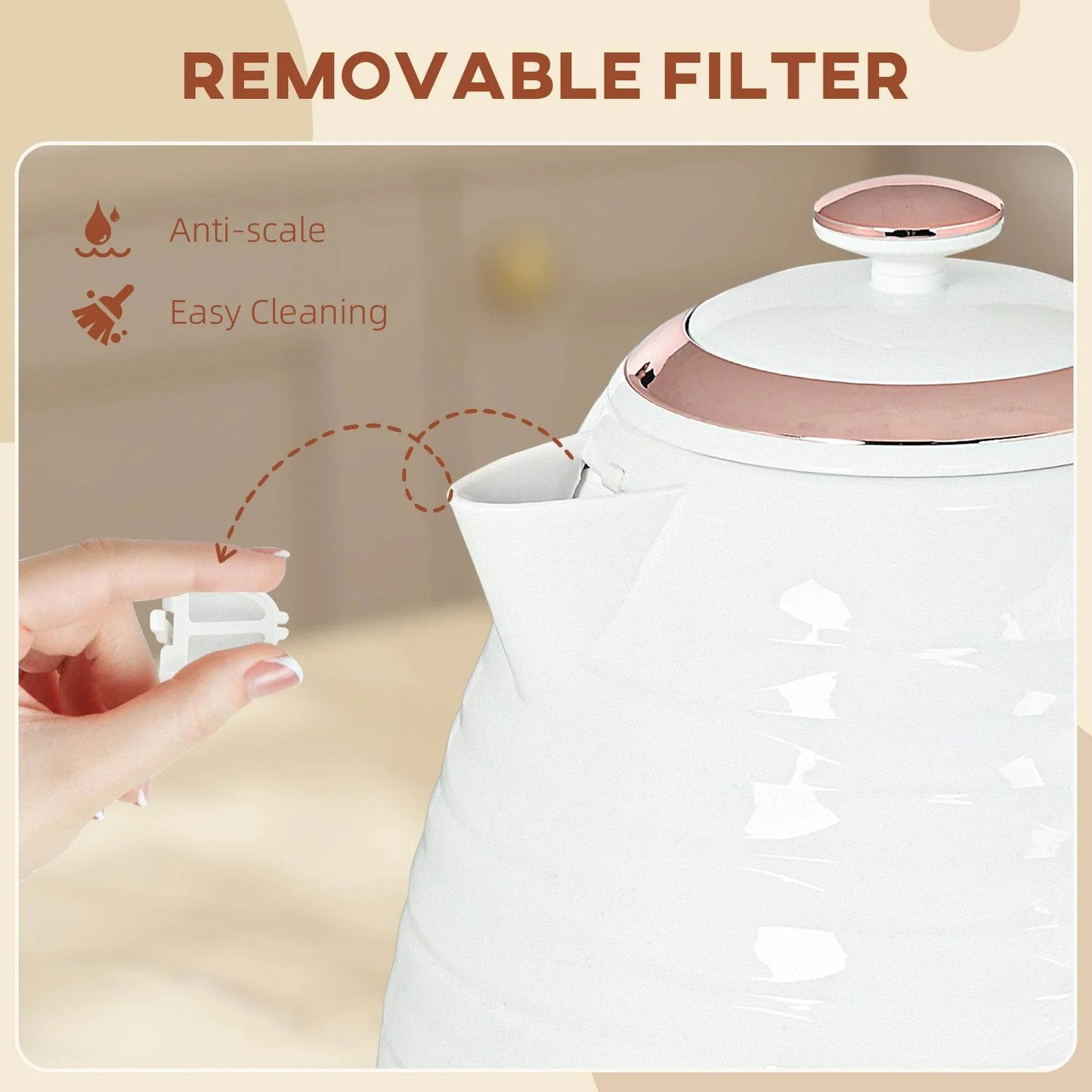 HOMCOM 1.7L Fast Boil Electric Kettle with Anti-Scale Filter and Auto Shut-off - Cream White Water Ripple Design - ALL4U RETAILER LTD