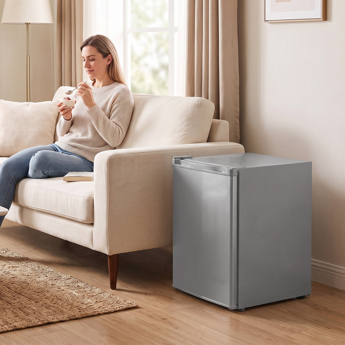 Grey tabletop mini freezer with reversible door and wire shelf