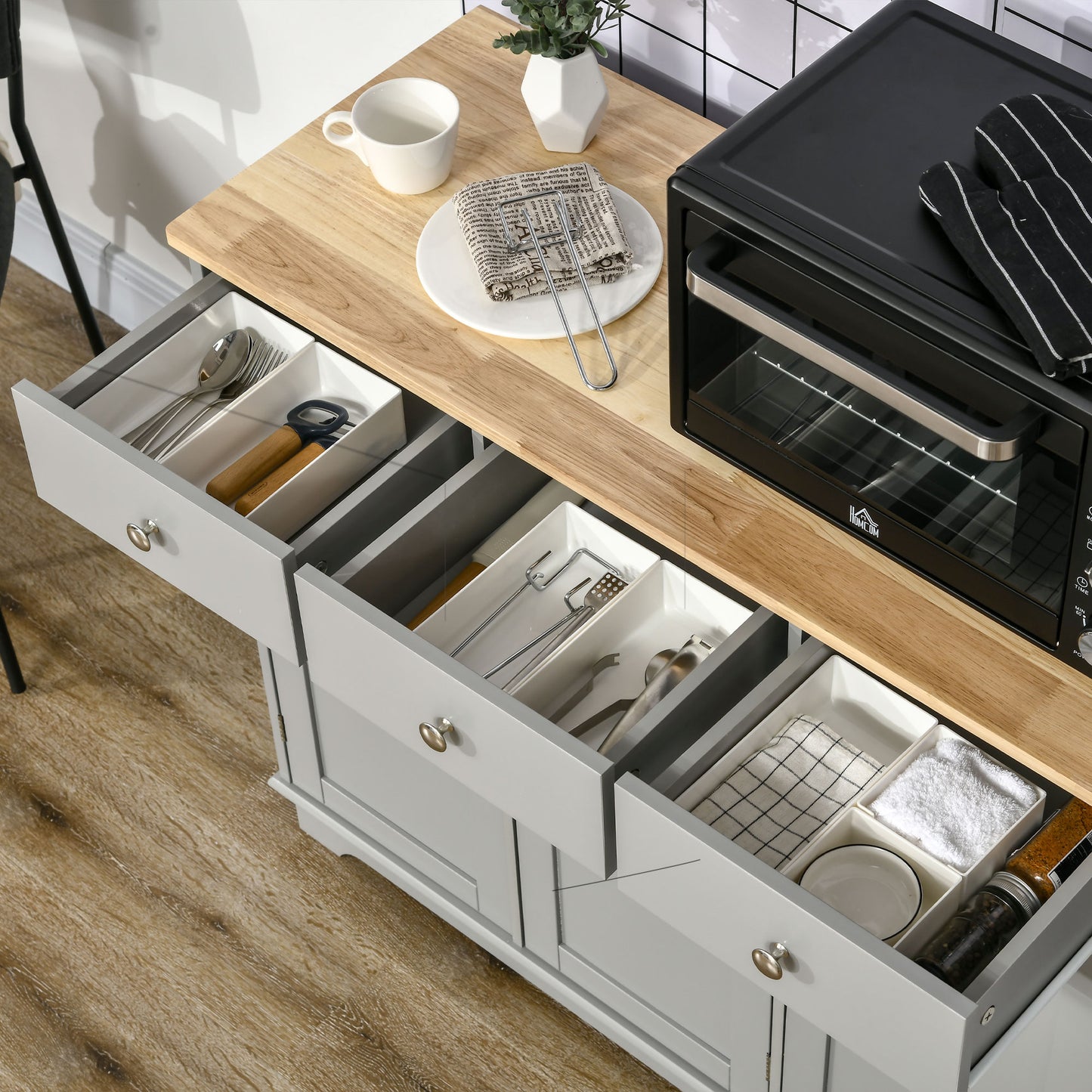 HOMCOM Sideboard with Rubberwood Top and Independent Storage Shelves for Dining Room, Kitchen - Grey