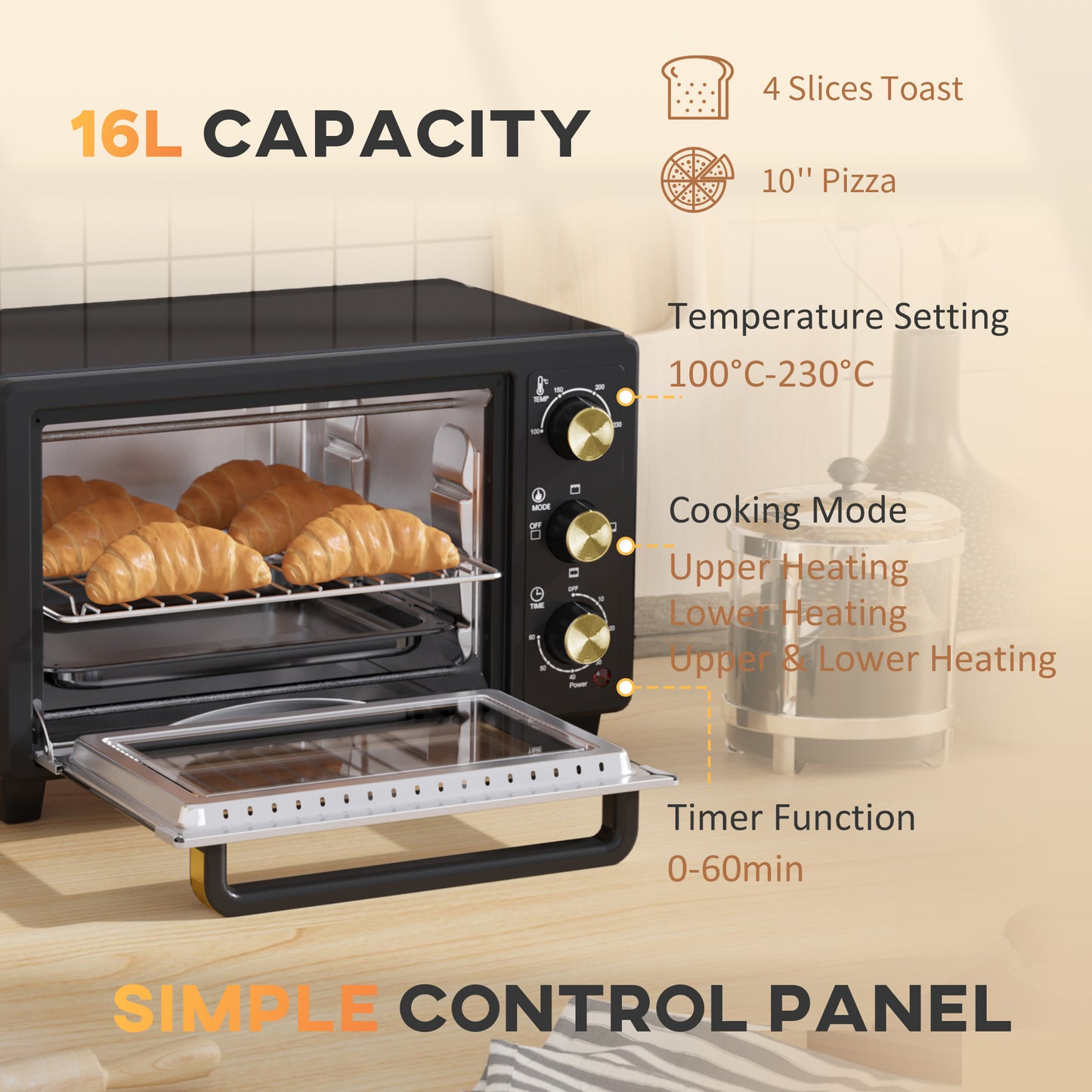 HOMCOM 16L Mini 1400W Countertop Oven Black With Removable Rack And Tray For Flexible Three Level Cooking