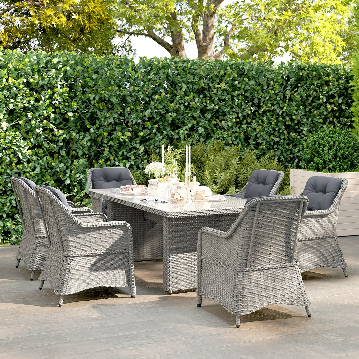 Outsunny Seven Piece Rattan Dining Set In Mixed Grey For Outdoor Garden Patio With Elevated Table And Chairs