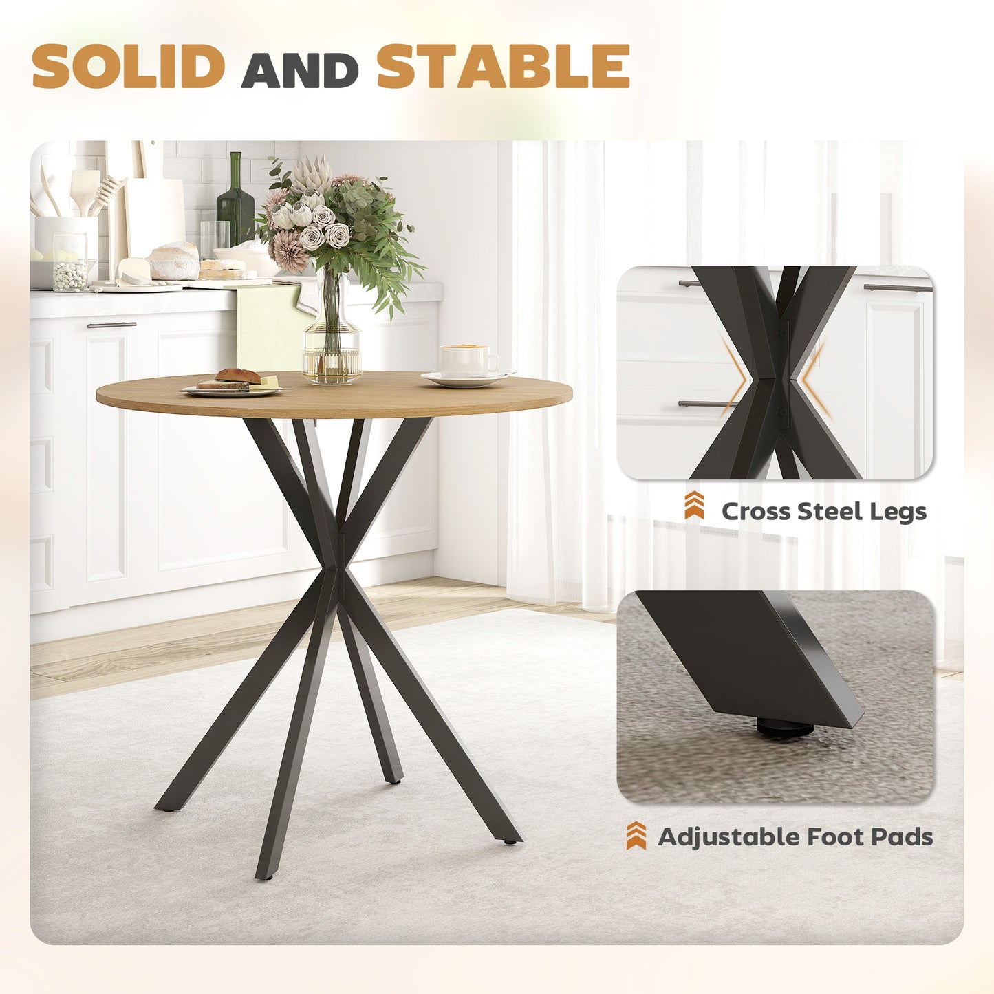 HOMCOM 80cm Round Dining Table White Oak Effect With Black Legs Industrial Style