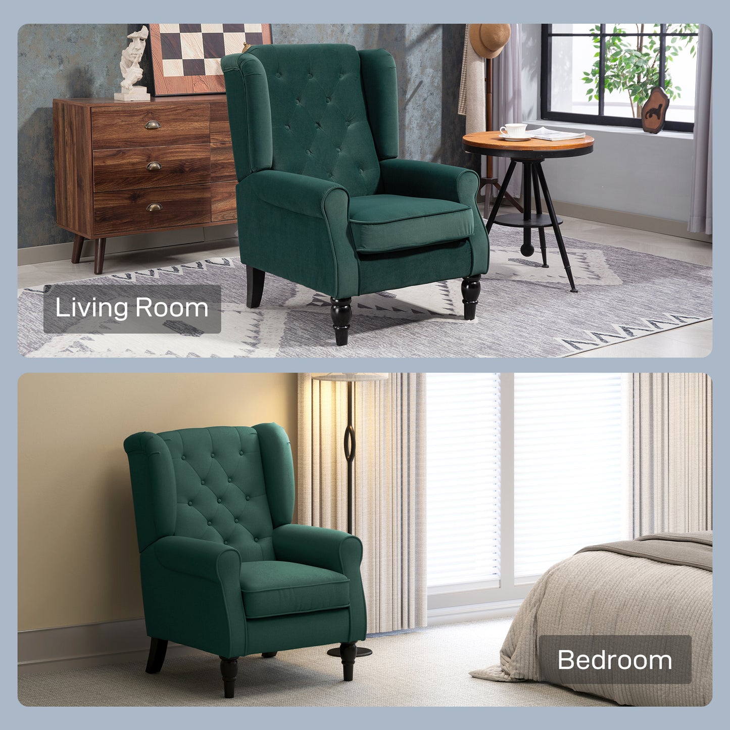 HOMCOM Wingback Accent Chair Green Retro Upholstered Button Tufted Occasional Chair for Living Room and Bedroom