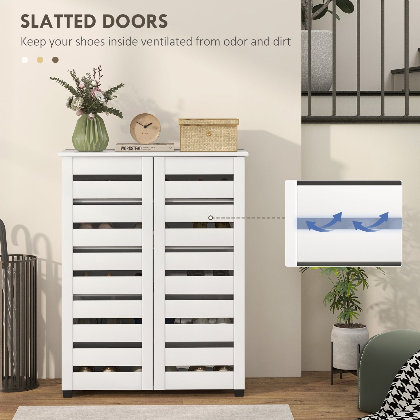 HOMCOM Narrow Shoe Cabinet For Entryway 5 Tier Slim Shoe Storage With 2 Slatted Doors And Adjustable Shelves