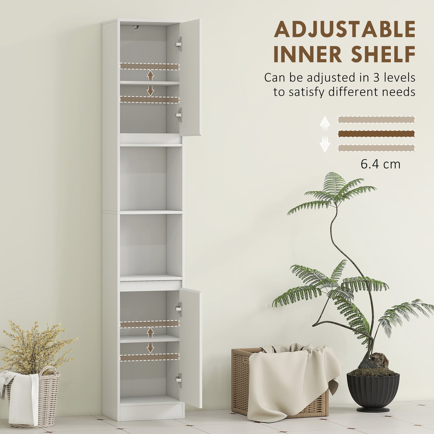 HOMCOM Narrow White Bathroom Cabinet Slim Storage Unit with Open Compartments and Adjustable Shelves 30 x 24 x 170 cm