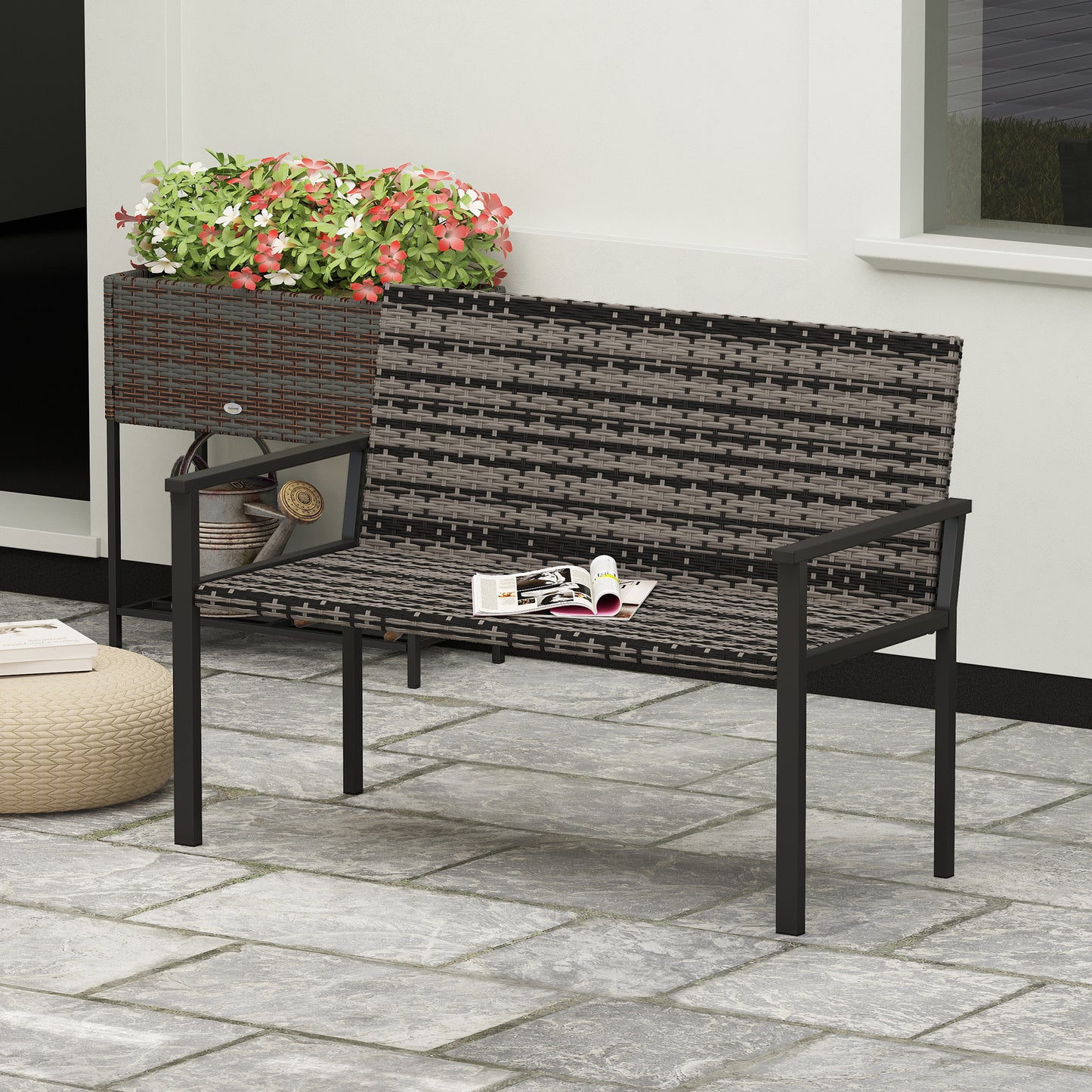 Outsunny Two Seater Rattan Garden Bench Mixed Grey Weather Resistant Steel Frame With Quick Dry Padding