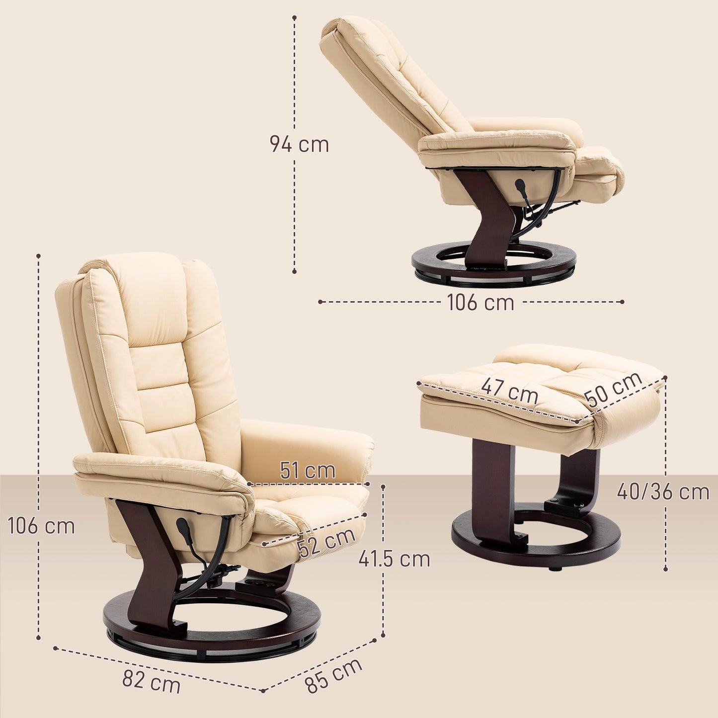 HOMCOM Faux Leather 135 Degree Reclining Chair and Footstool Beige Lounge Set for Ultimate Relaxation