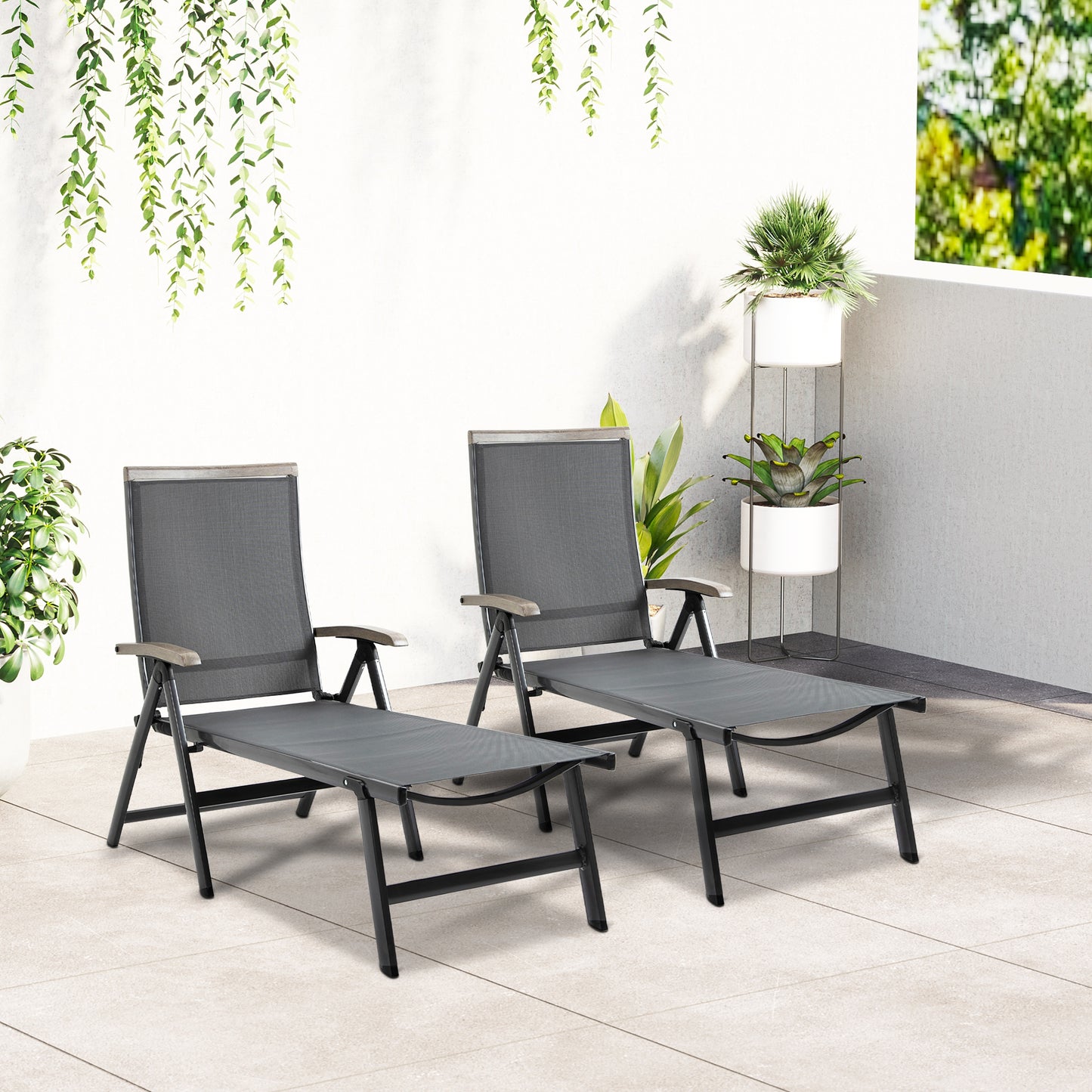 Outsunny Set Of 2 Folding Sun Loungers With 5 Position Adjustable Chaise Lounges Aluminium Frame For Patio Garden Grey