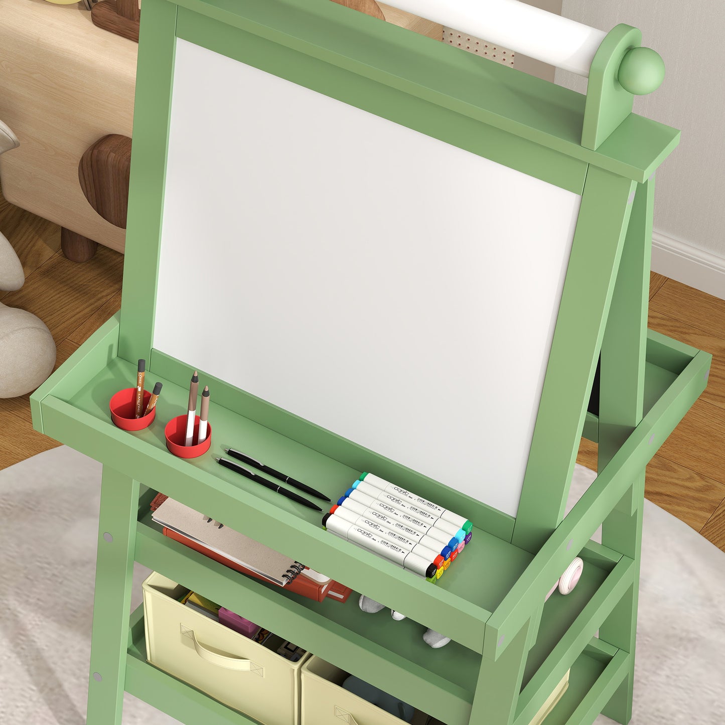 Creative 3-in-1 Kids Easel with Magnetic Whiteboard, Chalkboard, and Paper Roll - Green - ALL4U RETAILER LTD