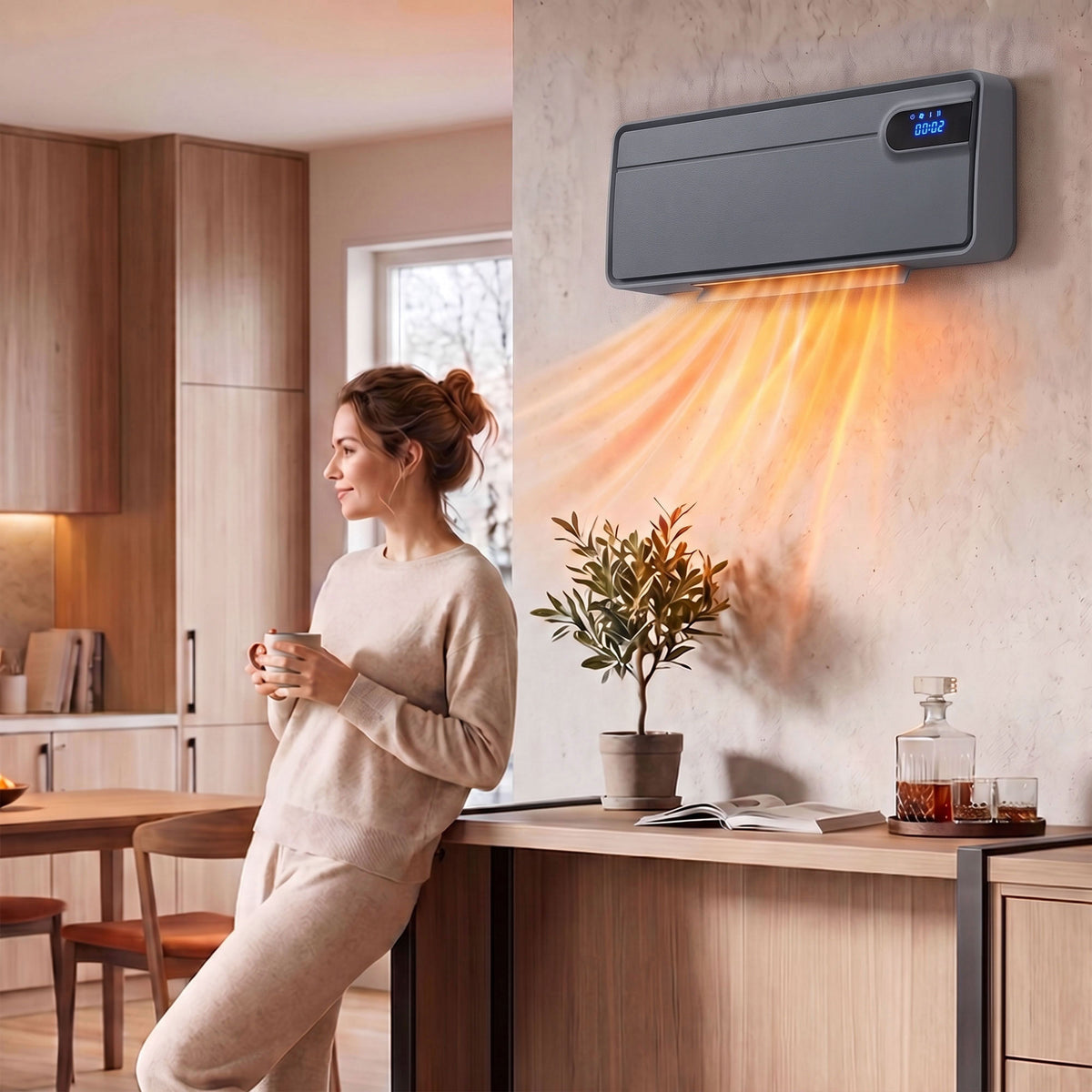 Wall-mounted space heater in living area with warm air visible beneath