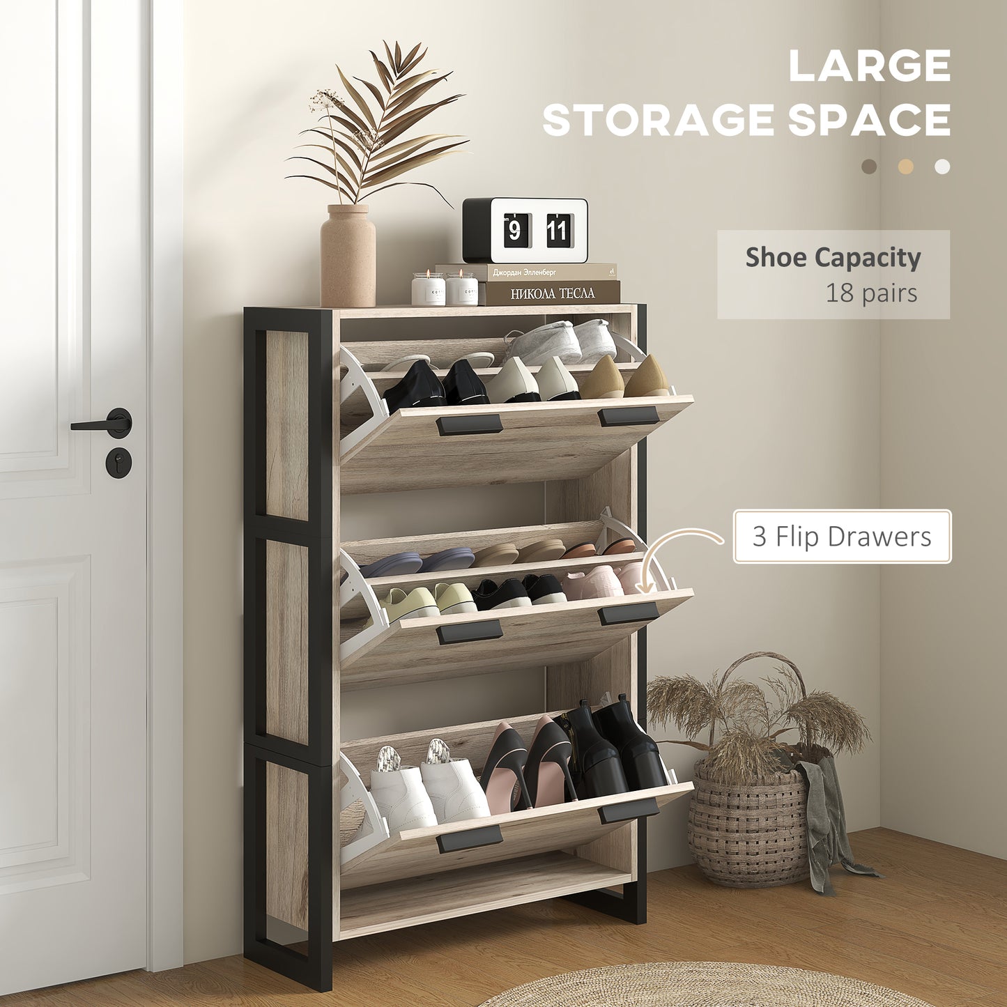 HOMCOM Slim Shoe Storage Cabinet with 3 Adjustable Flip Drawers for 18 Pairs, Oak Effect Finish - ALL4U RETAILER LTD