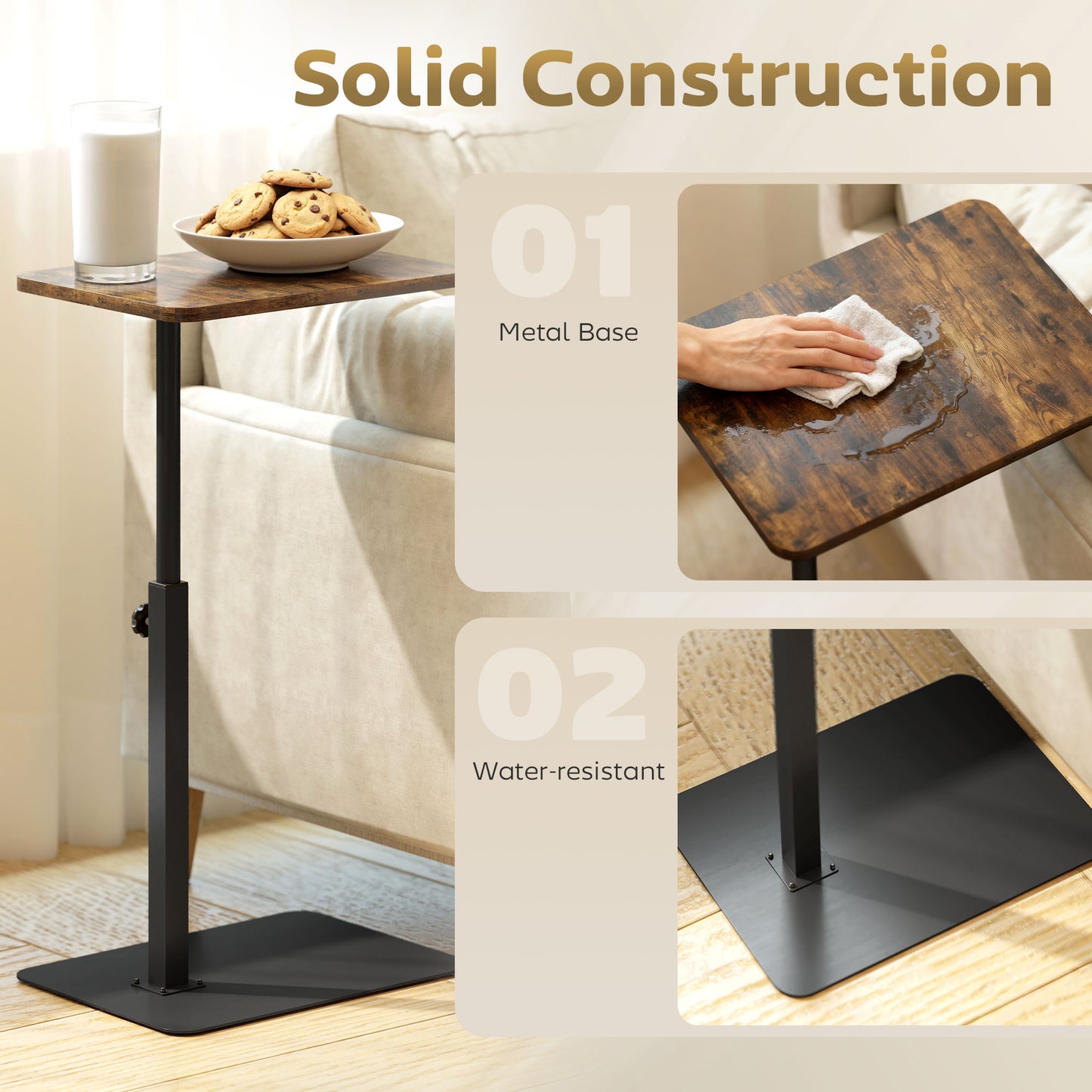 HOMCOM C Shaped End Table With Adjustable Height And Metal Base For Living Room Bedroom Rustic Brown