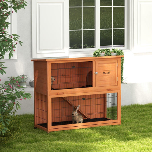 PawHut 2 Tier Antiseptic Wood Rabbit Hutch with Run Outdoor Orange - ALL4U RETAILER LTD