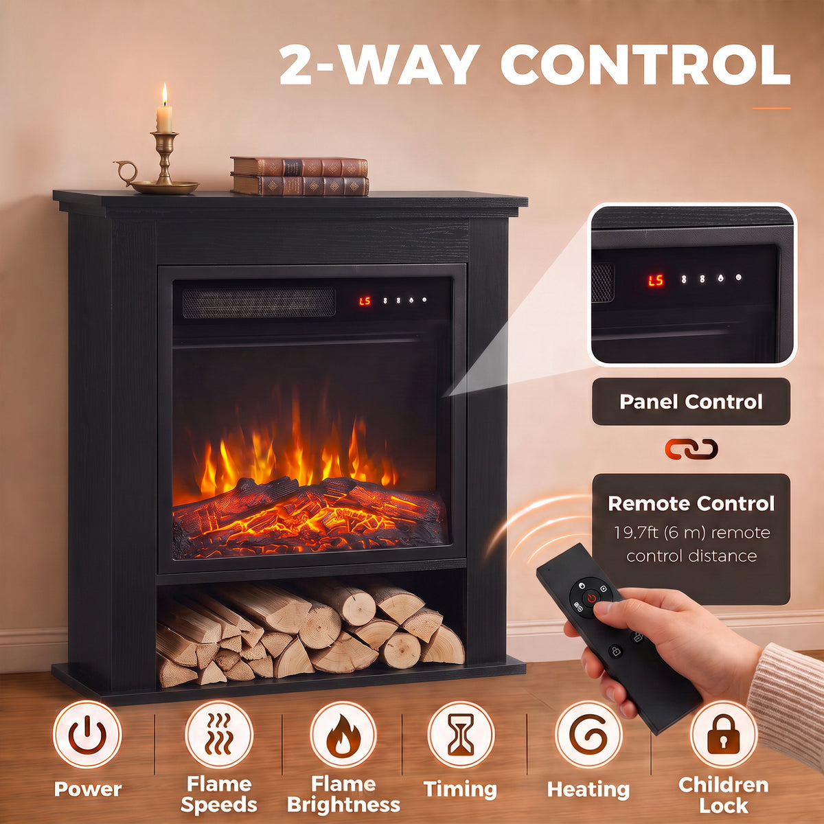 Black electric fireplace suite with LED flame, open shelf, and remote/panel control