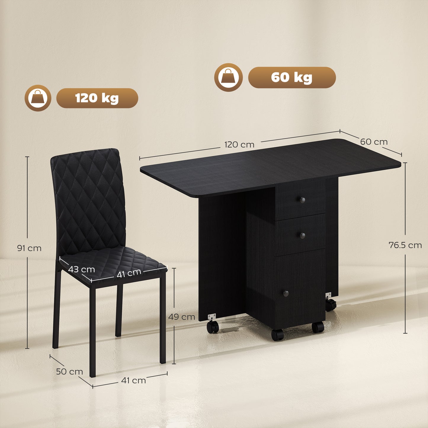 HOMCOM Folding Drop Leaf Dining Table Set With Storage And Four Chairs In Black Finish