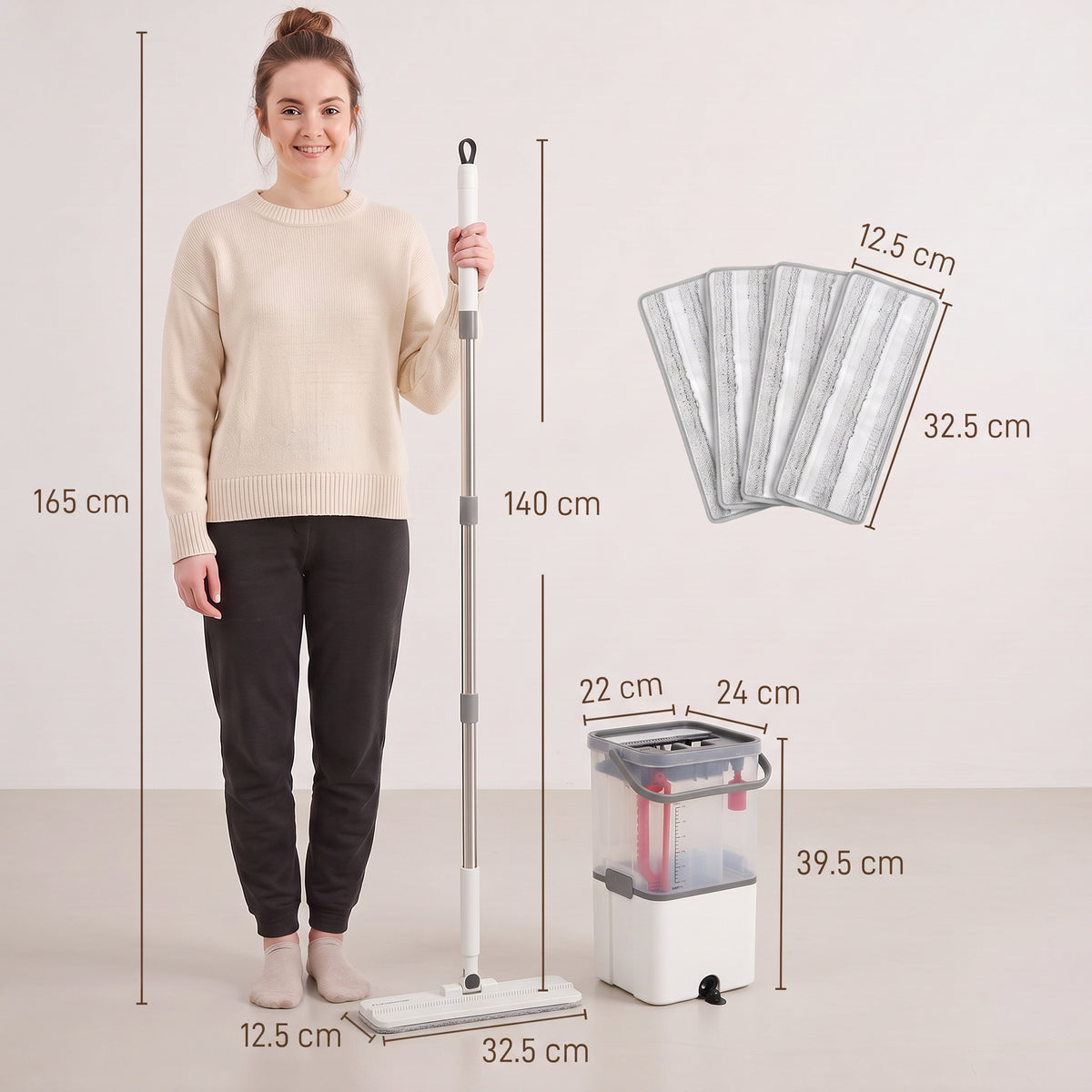 Mop and dual-chamber bucket set with microfiber mop pads and wringer system.
