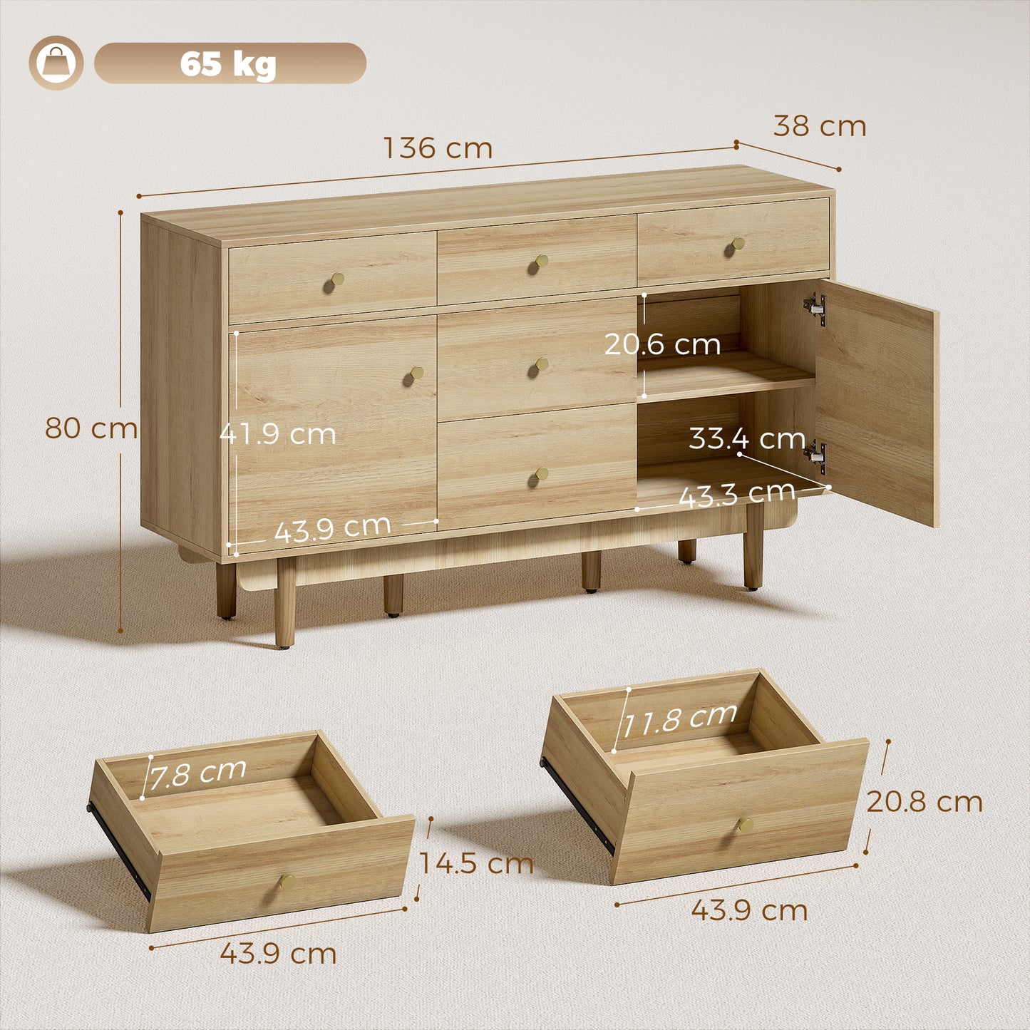 HOMCOM Walnut Sideboard With Five Drawers And Two Cabinets Solid Wood Legs 136 cm Buffet
