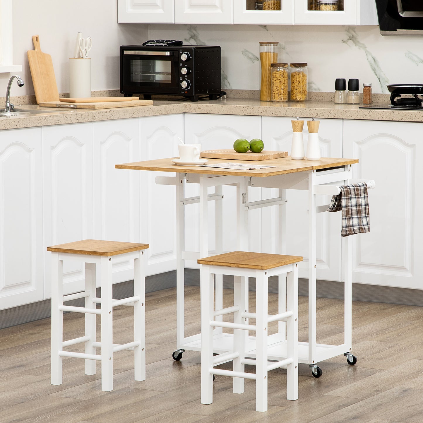 HOMCOM Bamboo Kitchen Island Cart With Drop Leaf Breakfast Bar 2 Stools Drawers Towel Rack Rolling Cart White