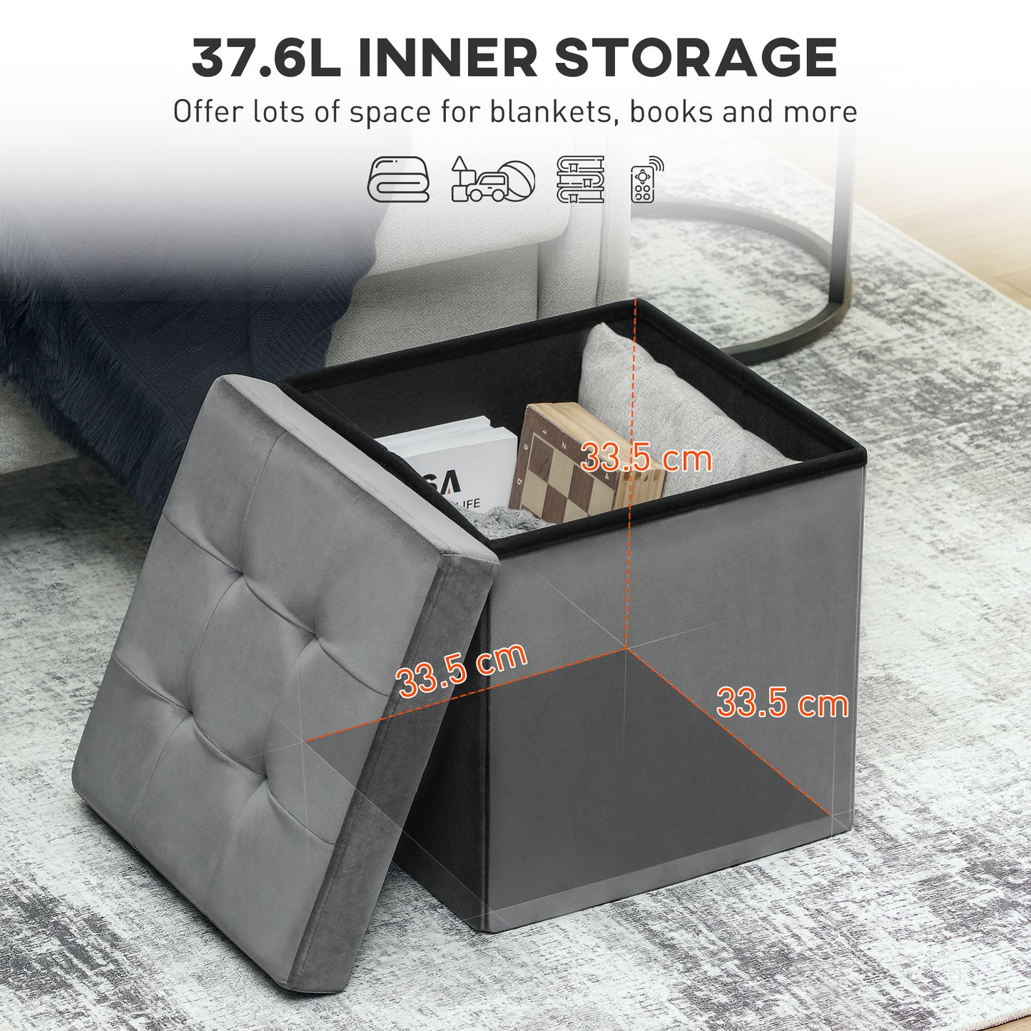 HOMCOM Foldable Velvet Feel Storage Ottoman Grey With High Density Foam And Hidden Space Saving Storage Box