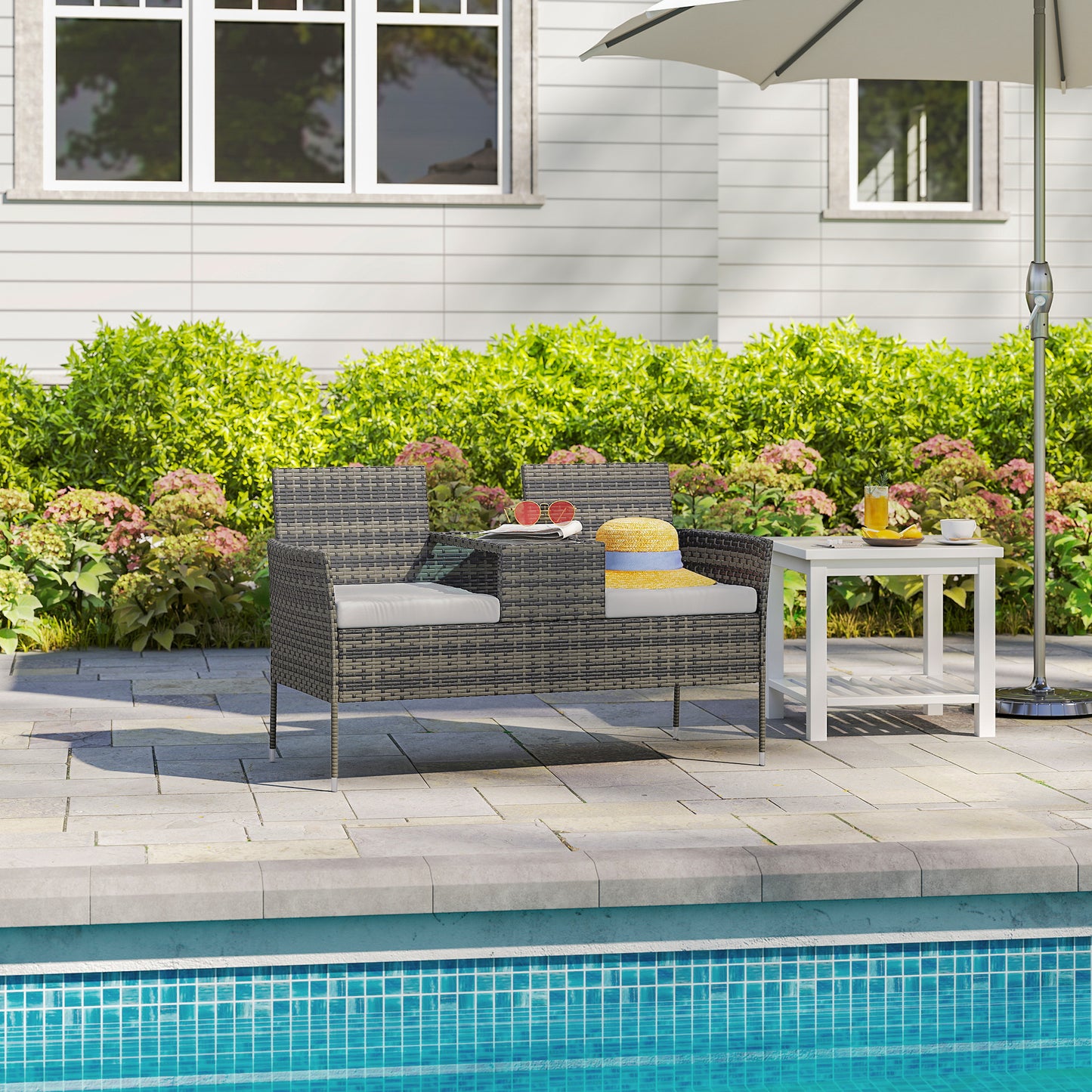Outsunny Two Seat Rattan Chair With Middle Table Outdoor Patio Set Charcoal Grey Tempered Glass Top