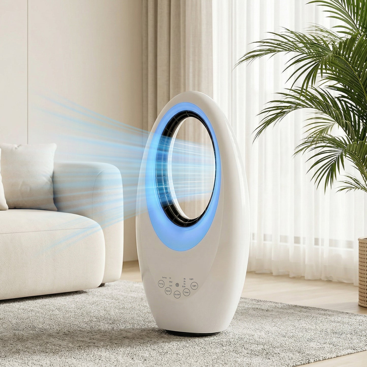 HOMCOM Bladeless Tower Fan Quiet 36dB With 60 Degree Oscillation LED Lights 3 Speeds 7.5H Timer Remote Control