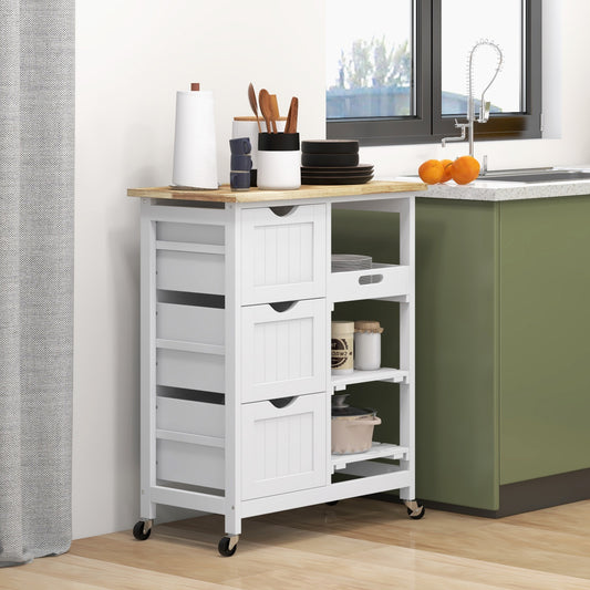 HOMCOM Compact Rolling Kitchen Island with Wood Top and Storage Shelves - White Bar Cart on Wheels - ALL4U RETAILER LTD