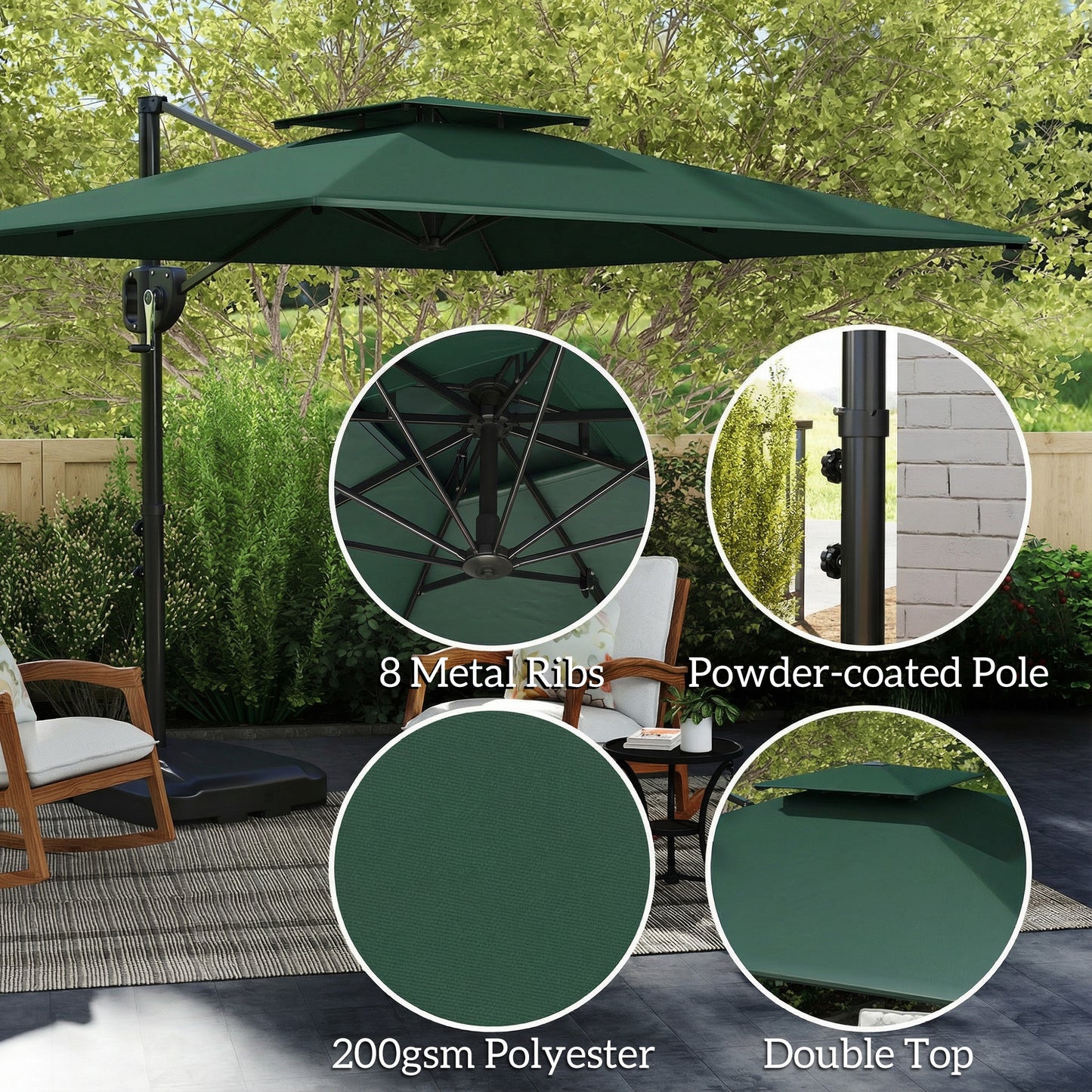 Outsunny Cantilever Parasol With Weighted Base And Crank Tilt Double Top Garden Parasol Patio Dark Green