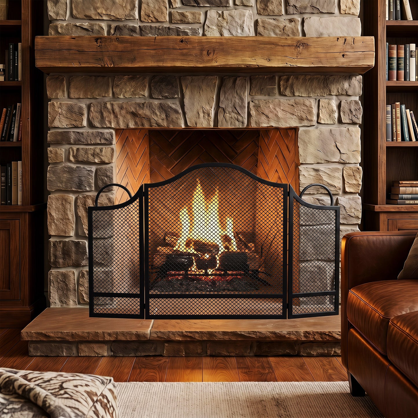 HOMCOM Floral Folding Fireplace Screen Heat Resistant Black