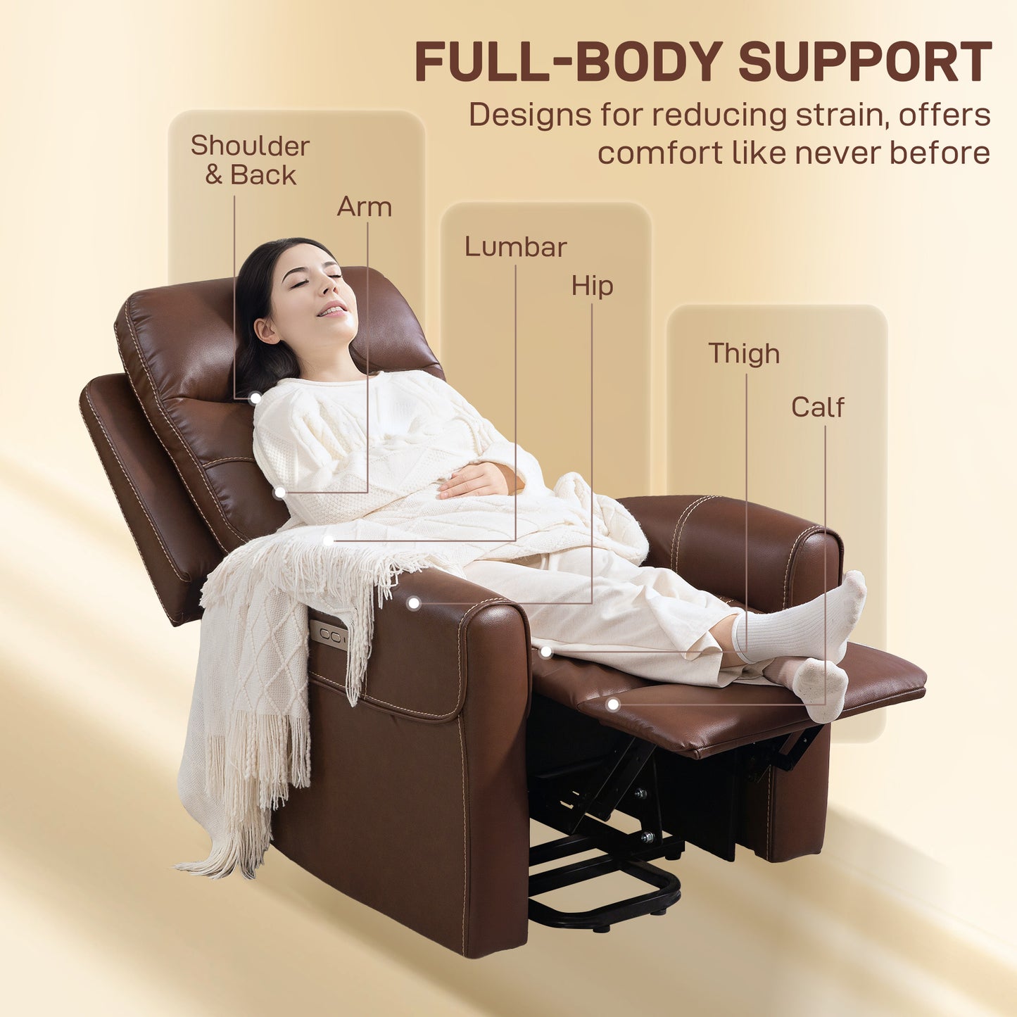 HOMCOM Power Lift Recliner Chair With USB A And C Ports, Overstuffed Faux Leather Riser For Living Room Brown