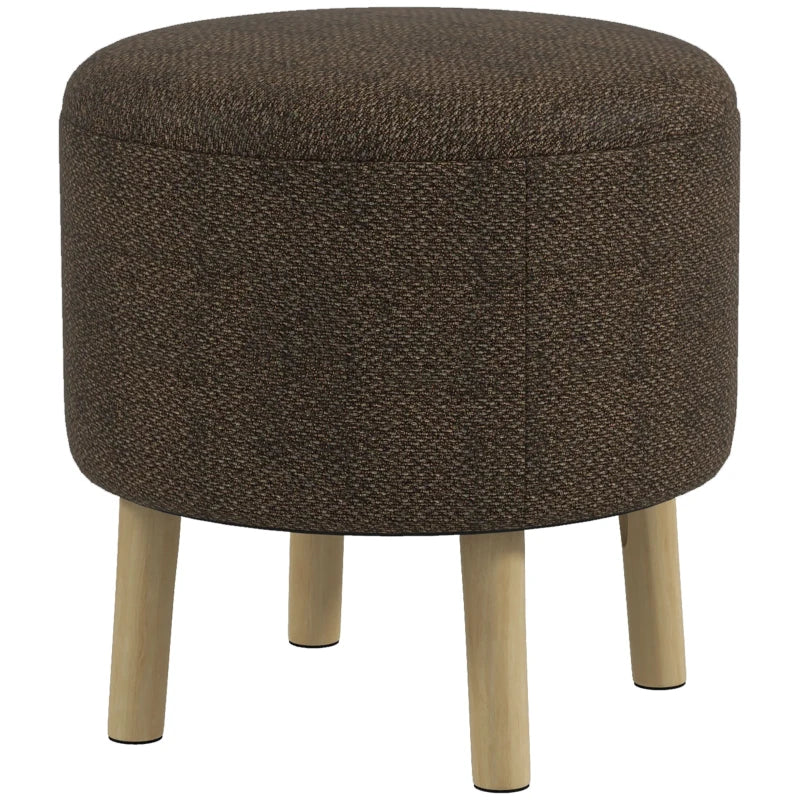 HOMCOM Round Ottoman Stool with Storage - Linen Fabric Upholstered Footrest, Padded Seat, Hidden Compartment, Wood Legs - Brown