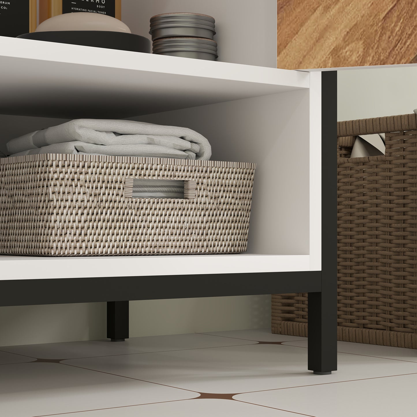 HOMCOM Rustic Under Sink Cabinet With Herringbone Doors Open Compartment For Basin Cream White 80x40x60cm