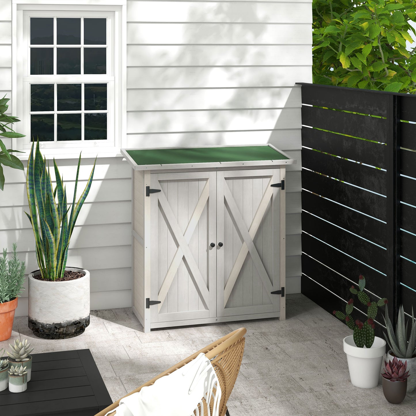 Outsunny Wooden Garden Shed Storage Shed Fir Tool Cabinet Shelves Double Door Light Grey - ALL4U RETAILER LTD