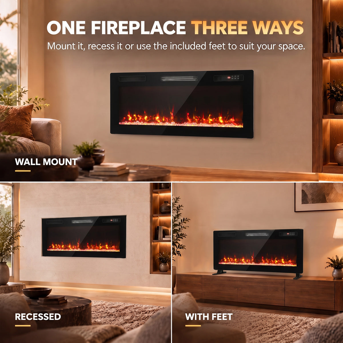 Ultra-slim wall-mounted electric fireplace with black frame and LED flame display