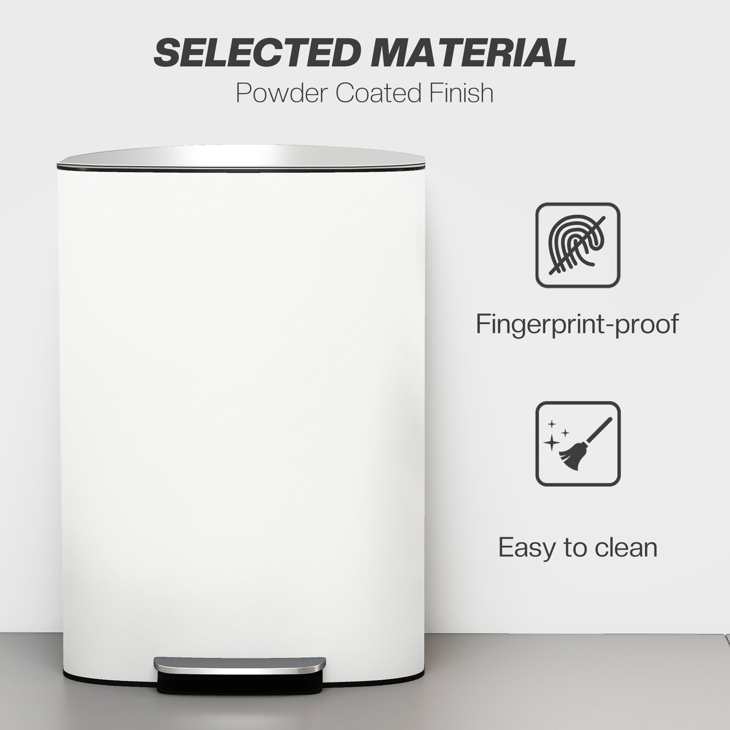 HOMCOM 50L Kitchen Bin With Soft Close Lid Stay Open Function Stainless Steel Pedal Bin Removable Inner Bucket Cream