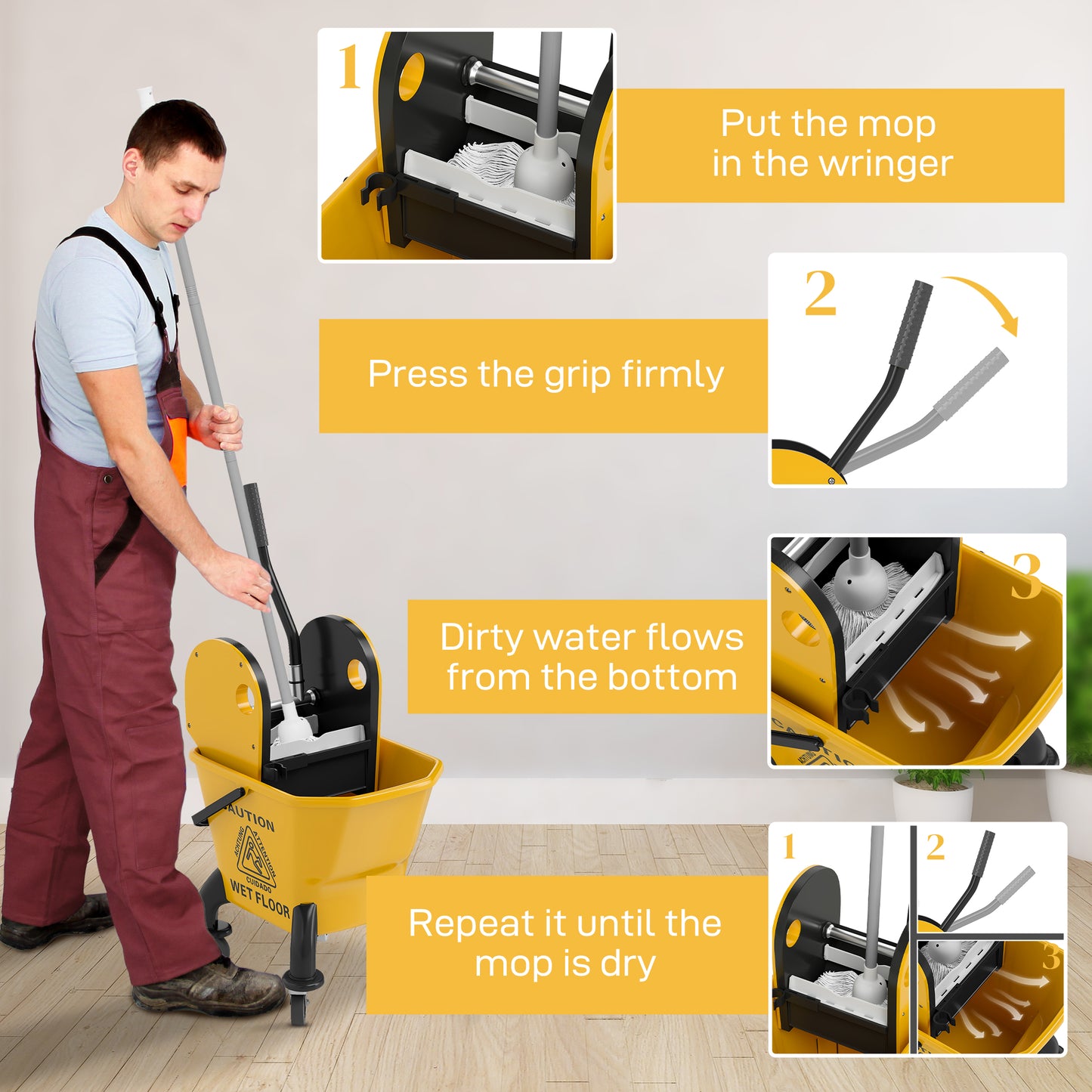 HOMCOM 26 Litre Mop Bucket With Wringer And Mop Yellow For Efficient Floor Cleaning