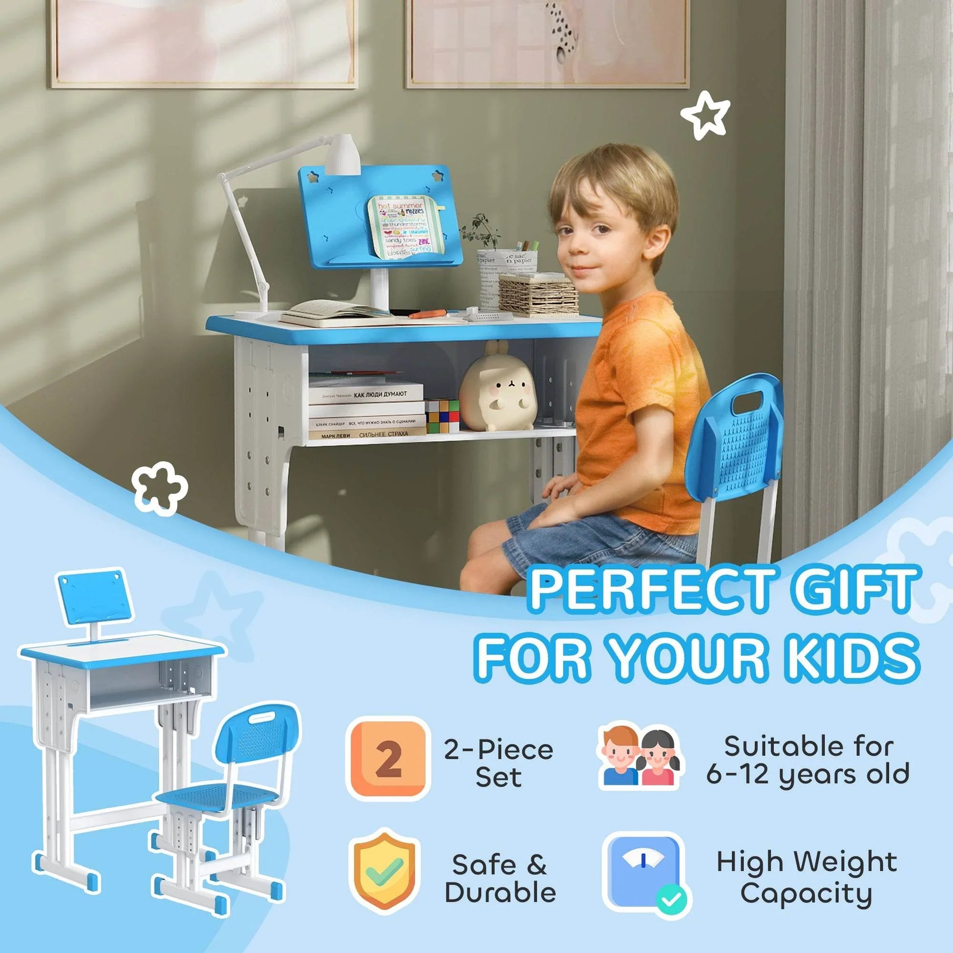 HOMCOM Blue Kids Study Desk and Chair Set with Storage, Adjustable Height and Book Stand - ALL4U RETAILER LTD