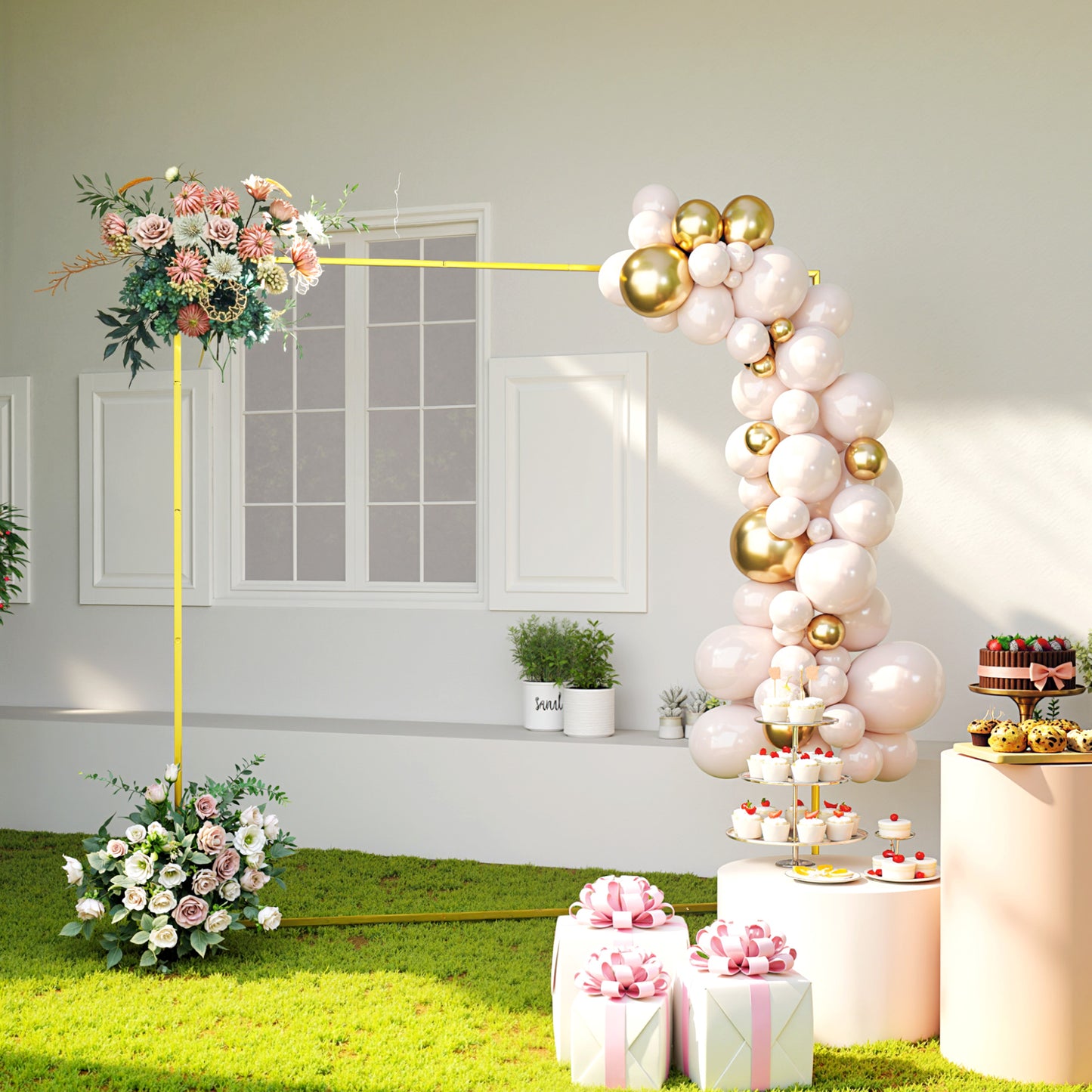 Outsunny Gold Finish Wedding Arch Backdrop Stand Six Point Six Feet Square Metal Frame With U Shaped Stakes