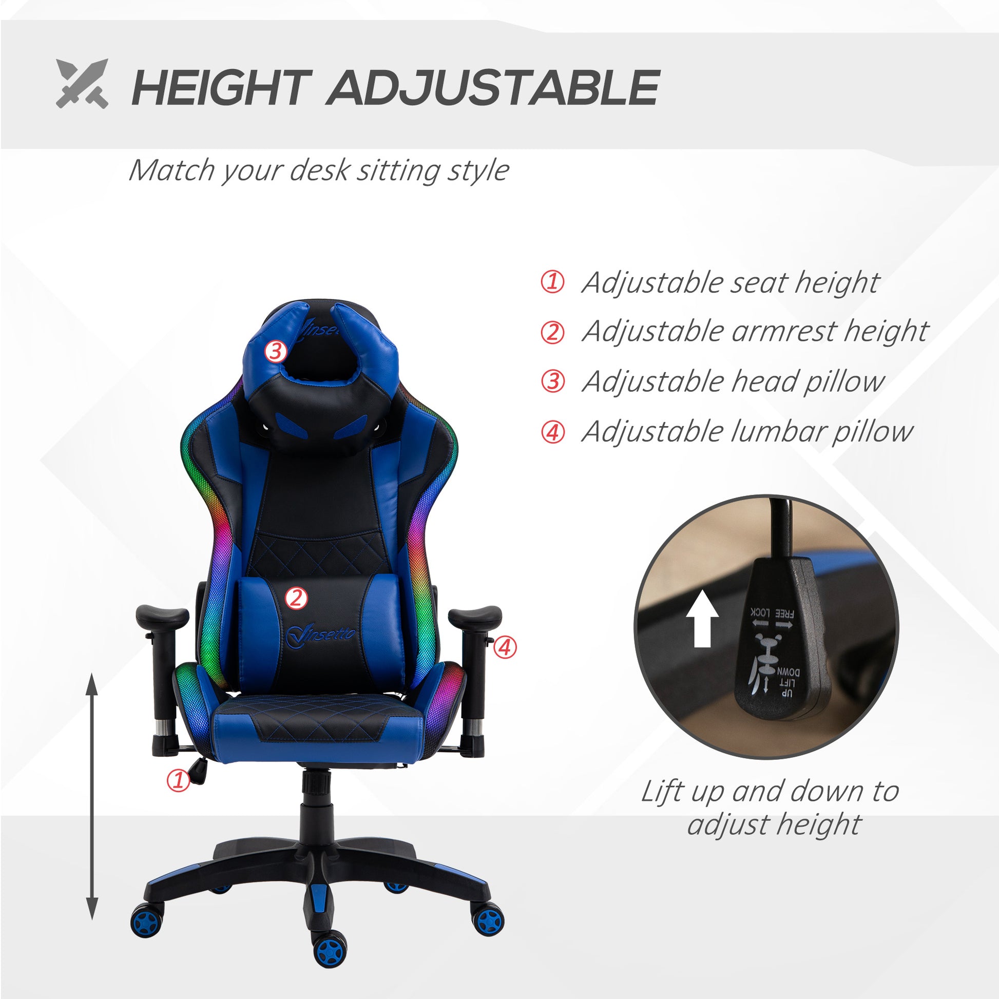 Vinsetto High Back Racing Gaming Chair with RGB LED Lights, Adjustable Lumbar Support, and Swivel Mobility for Home Office - ALL4U RETAILER LTD