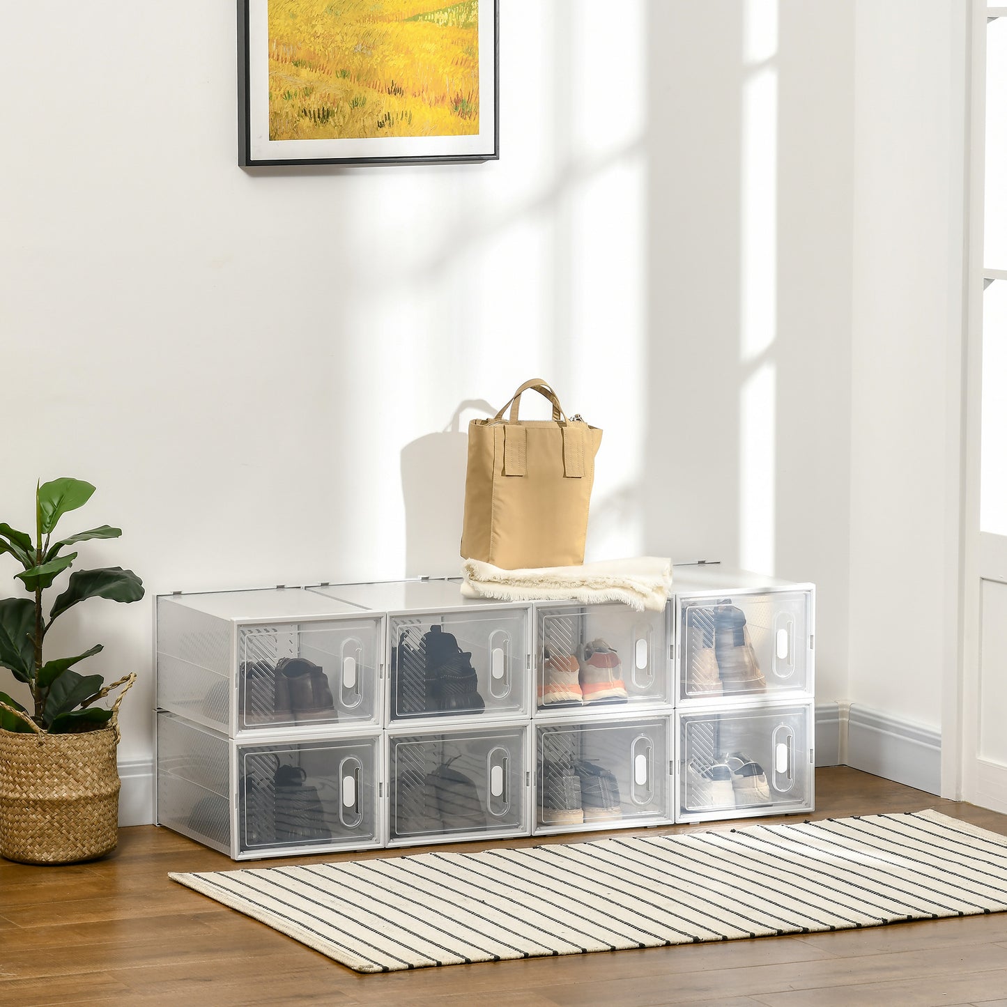 HOMCOM Eight Piece Clear Shoe Box Set Stackable Plastic Storage With Magnetic Door Fits UK EU Size 12 To 46