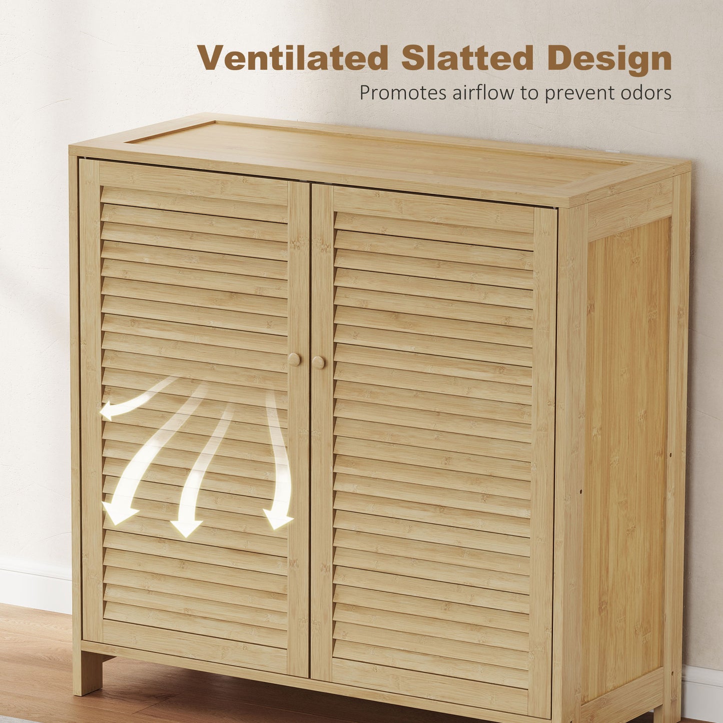 HOMCOM Bamboo Shoe Cabinet With Louvered Doors 14 Pairs Storage Adjustable Shelves For Hallway Natural Finish
