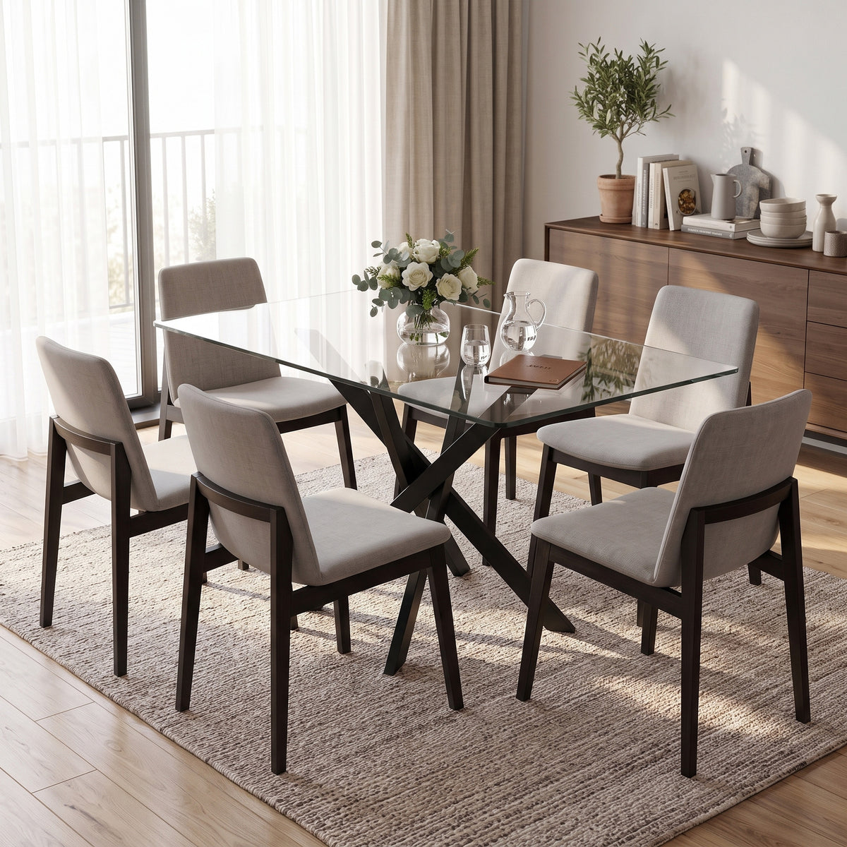 Tempered glass dining table with black X steel legs and six chairs