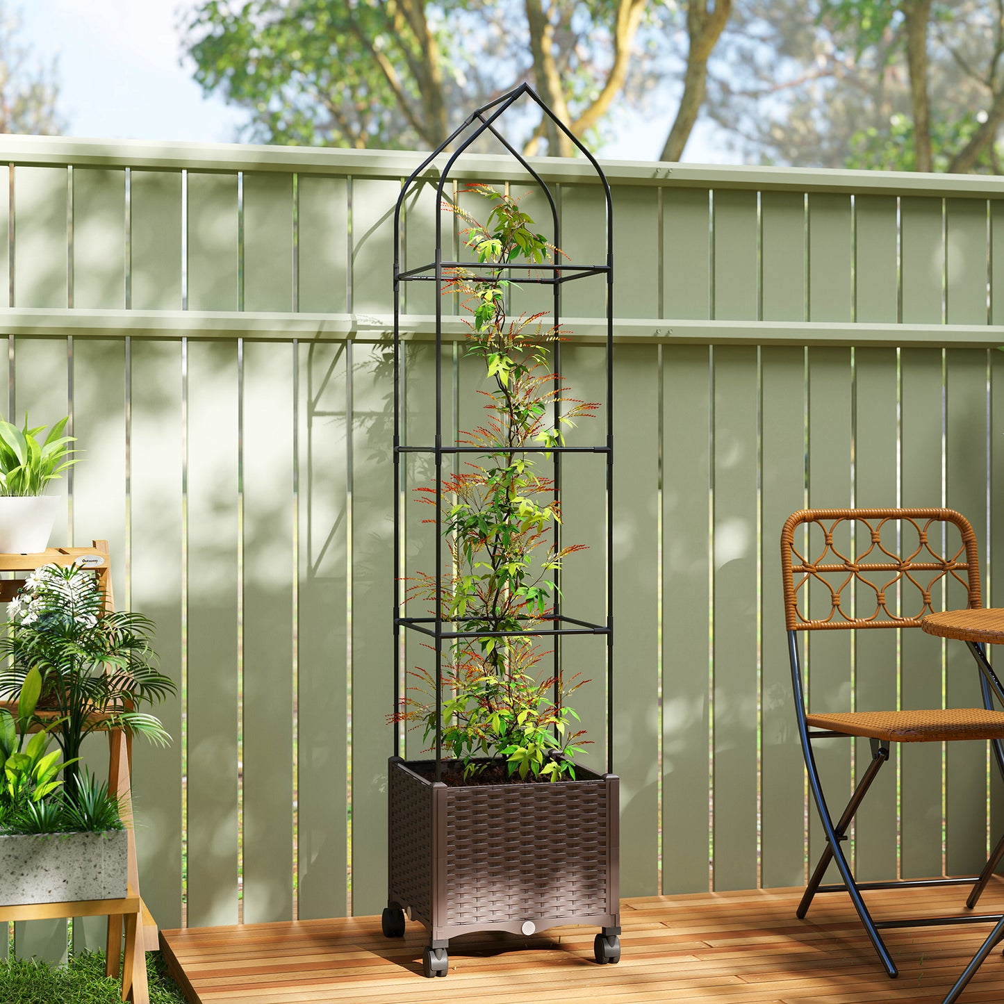 Outsunny Raised Garden Bed On Wheels With Trellis And Tomato Cage Self Watering Planter Box With Drainage Holes Brown