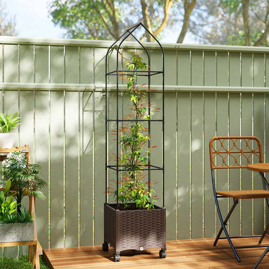 Outsunny Raised Garden Bed On Wheels With Trellis And Tomato Cage Self Watering Planter Box With Drainage Holes Brown